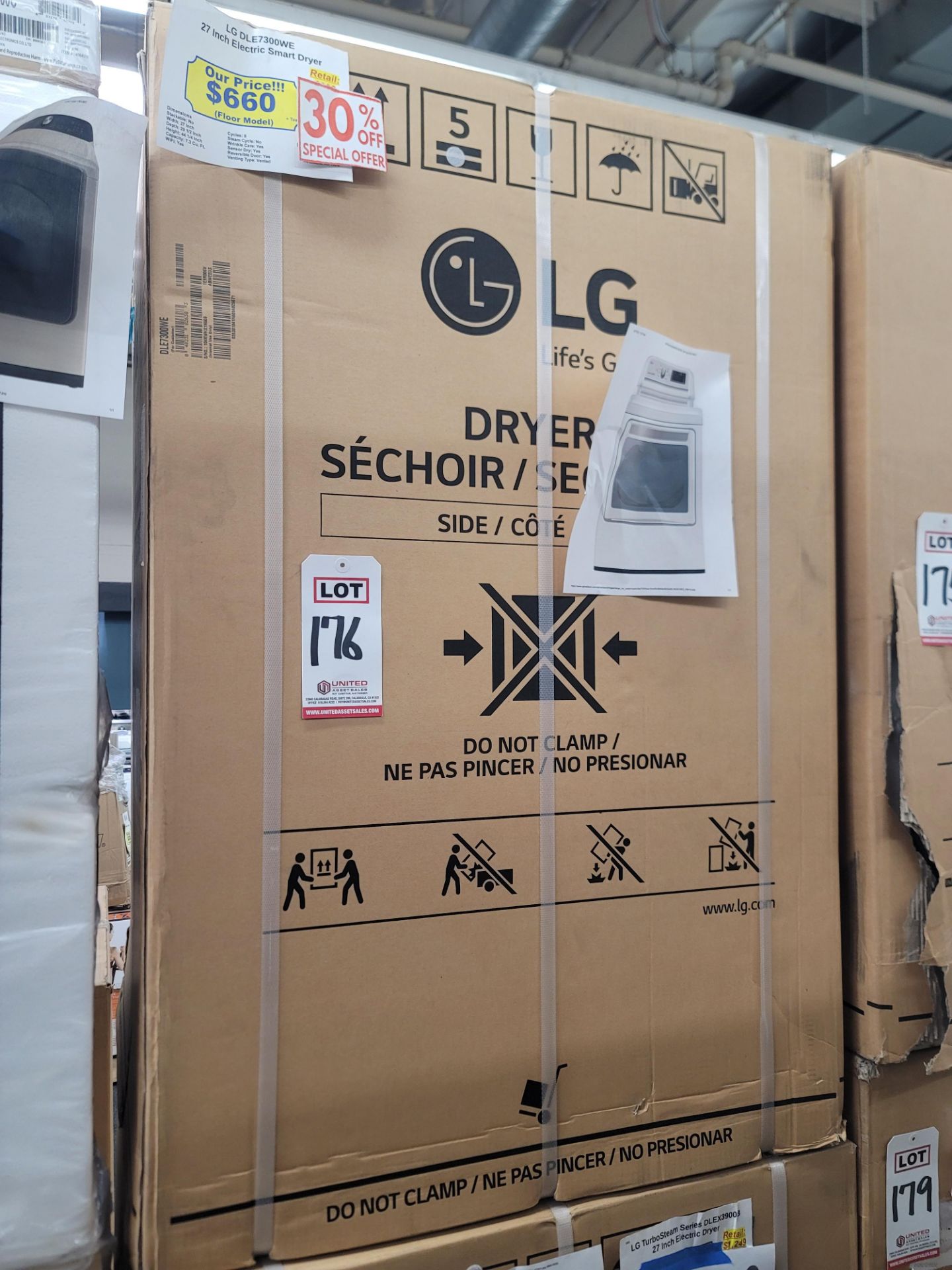 LG 27" ELECTRIC SMART DRYER IN WHITE, 7.3 CU. FT. CAPACITY, MODEL DLE7300WE, IN UNOPENED CARTON