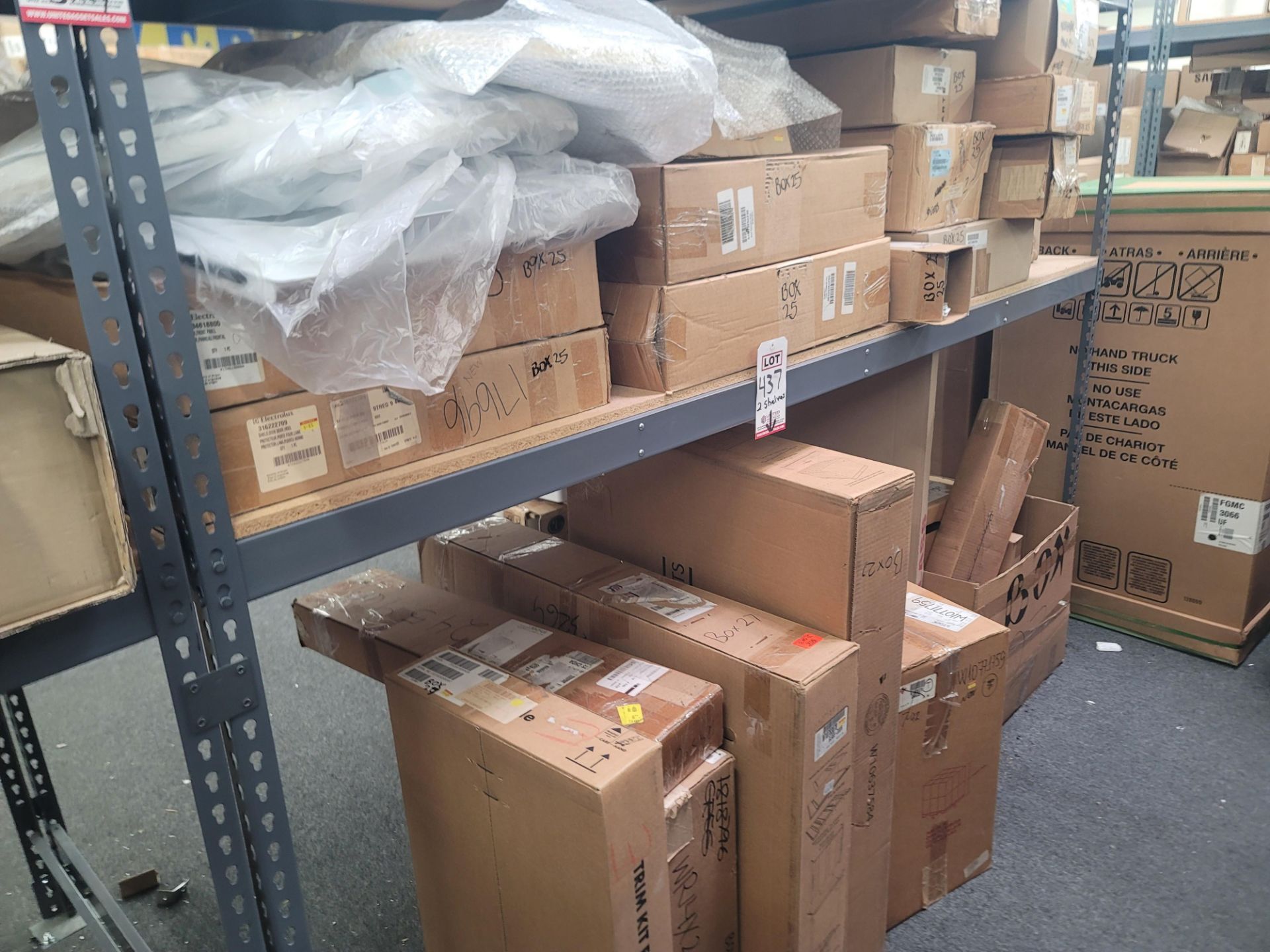 LOT - CONTENTS OF (2) 8' X 4' SHELVES, TO INCLUDE LOOSE AND BOXED APPLIANCE REPLACEMENT PARTS