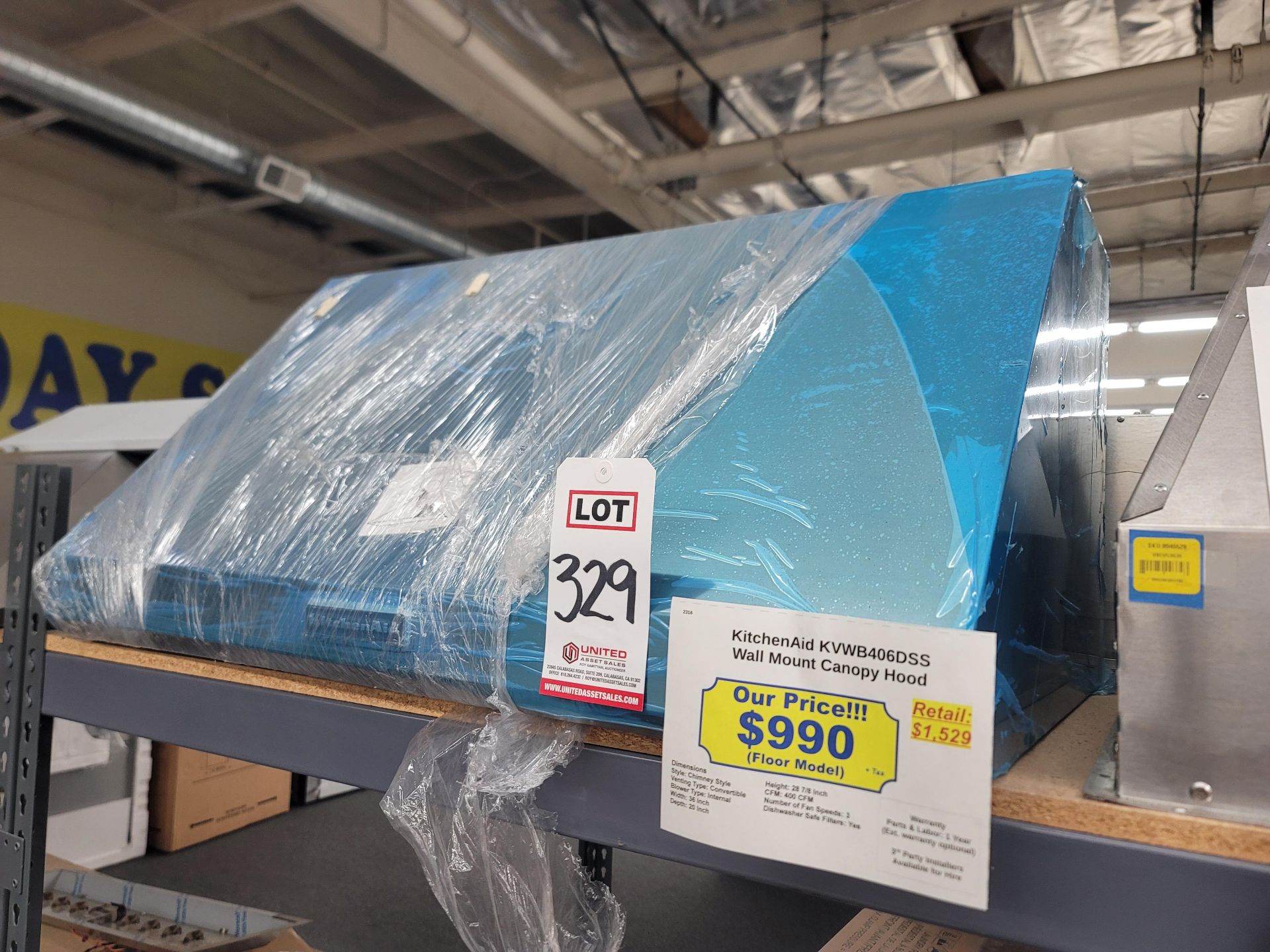 KITCHENAID 36" WALL MOUNT CANOPY RANGE HOOD, MODEL KVWB406DSS