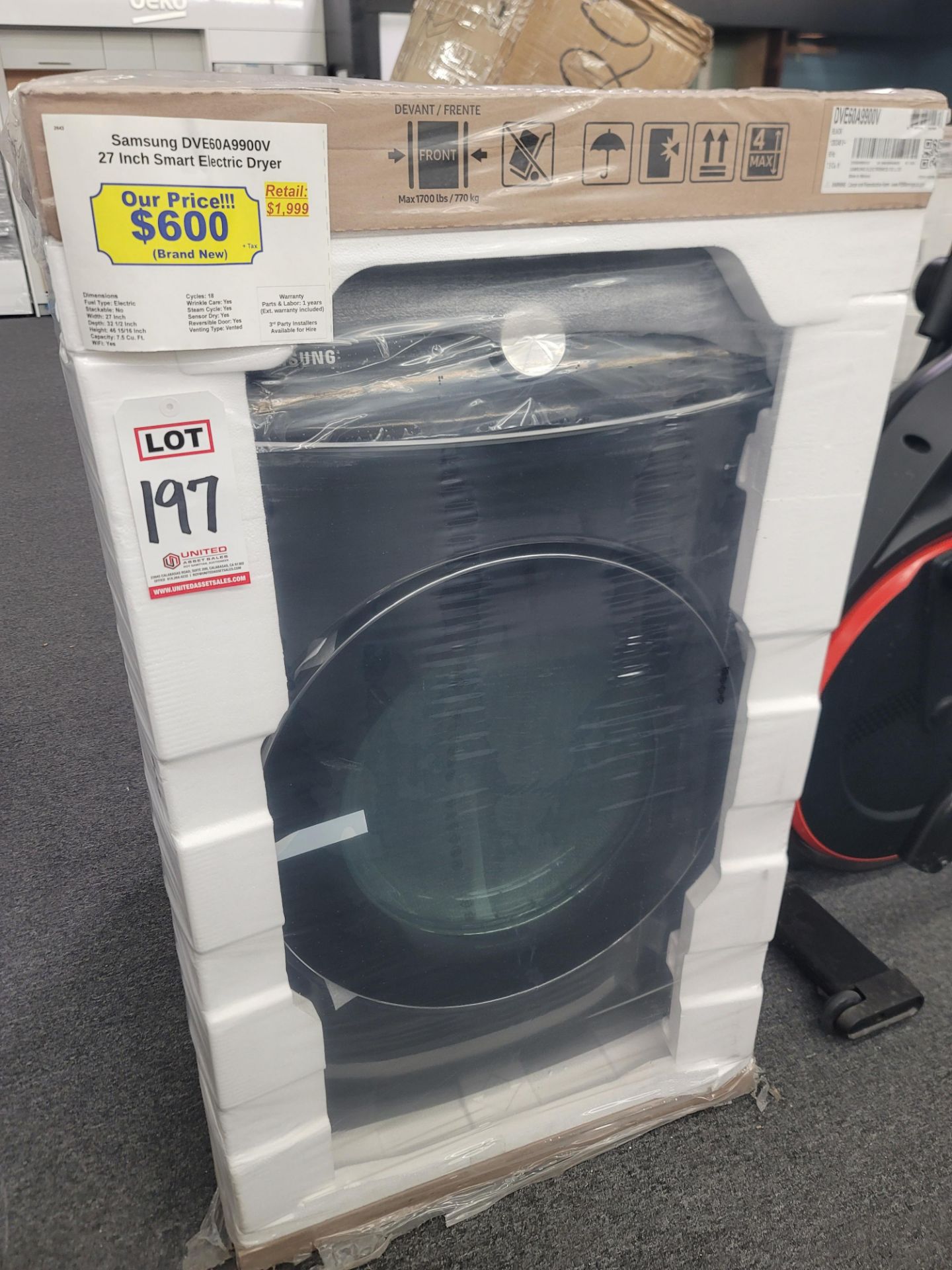 SAMSUNG 27" SMART ELECTRIC DRYER IN BLACK, 7.5 CU. FT. CAPACITY, MODEL DVE60A9900V, IN FACTORY