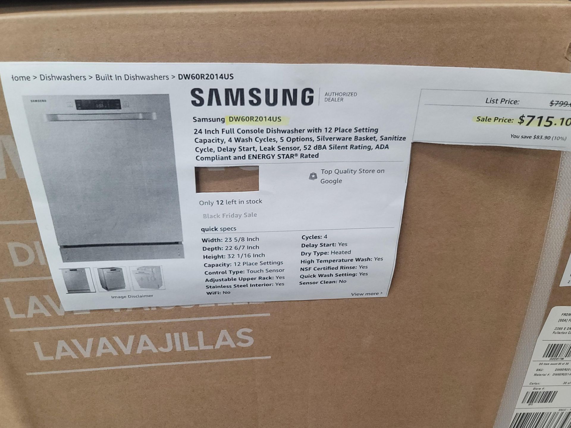 SAMSUNG 24" FULL CONSOLE DISHWASHER IN STAINLESS STEEL, MODEL DW60R2014US, UNOPENED CARTON - Image 2 of 2