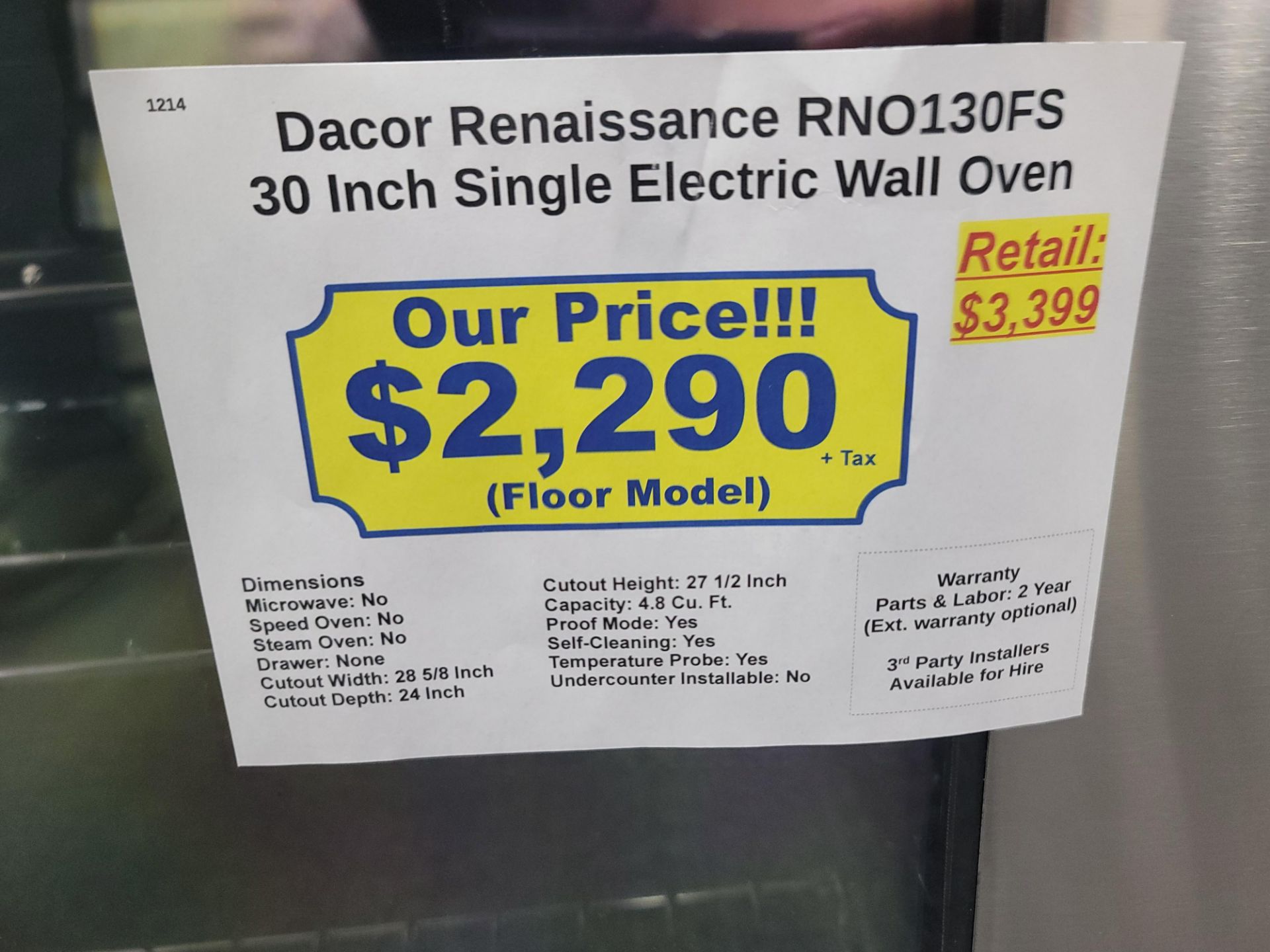 DACOR RENAISSANCE 30" SINGLE ELECTRIC WALL OVEN W/ 4.8 CU. FT. CAPACITY IN STAINLESS STEEL, MODEL - Image 4 of 4