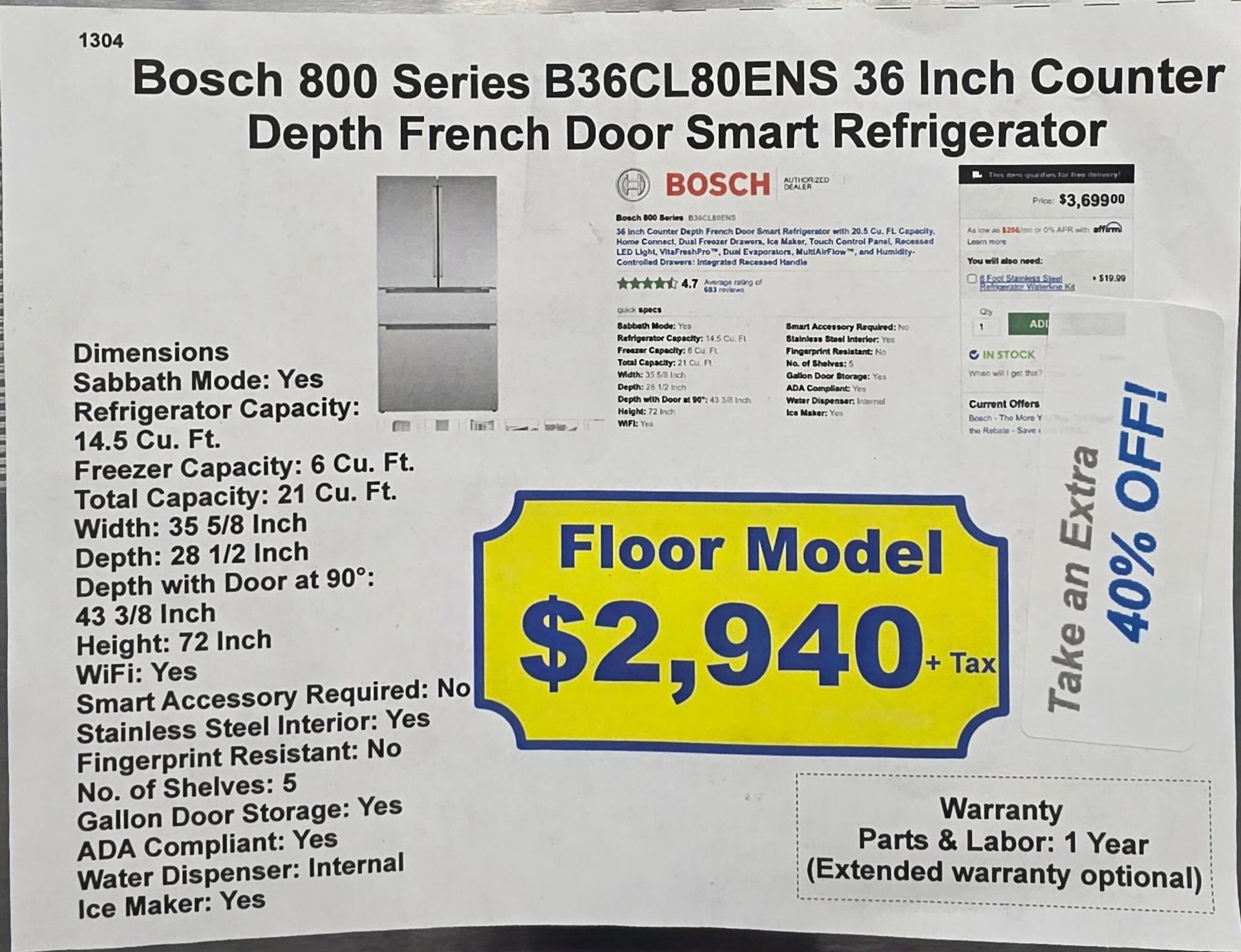 BOSCH 800 SERIES 36" SMART COUNTER DEPTH FRENCH DOOR 14.5 CU. FT. REFRIGERATOR / 6.0 CU. FT. FREEZER - Image 5 of 5