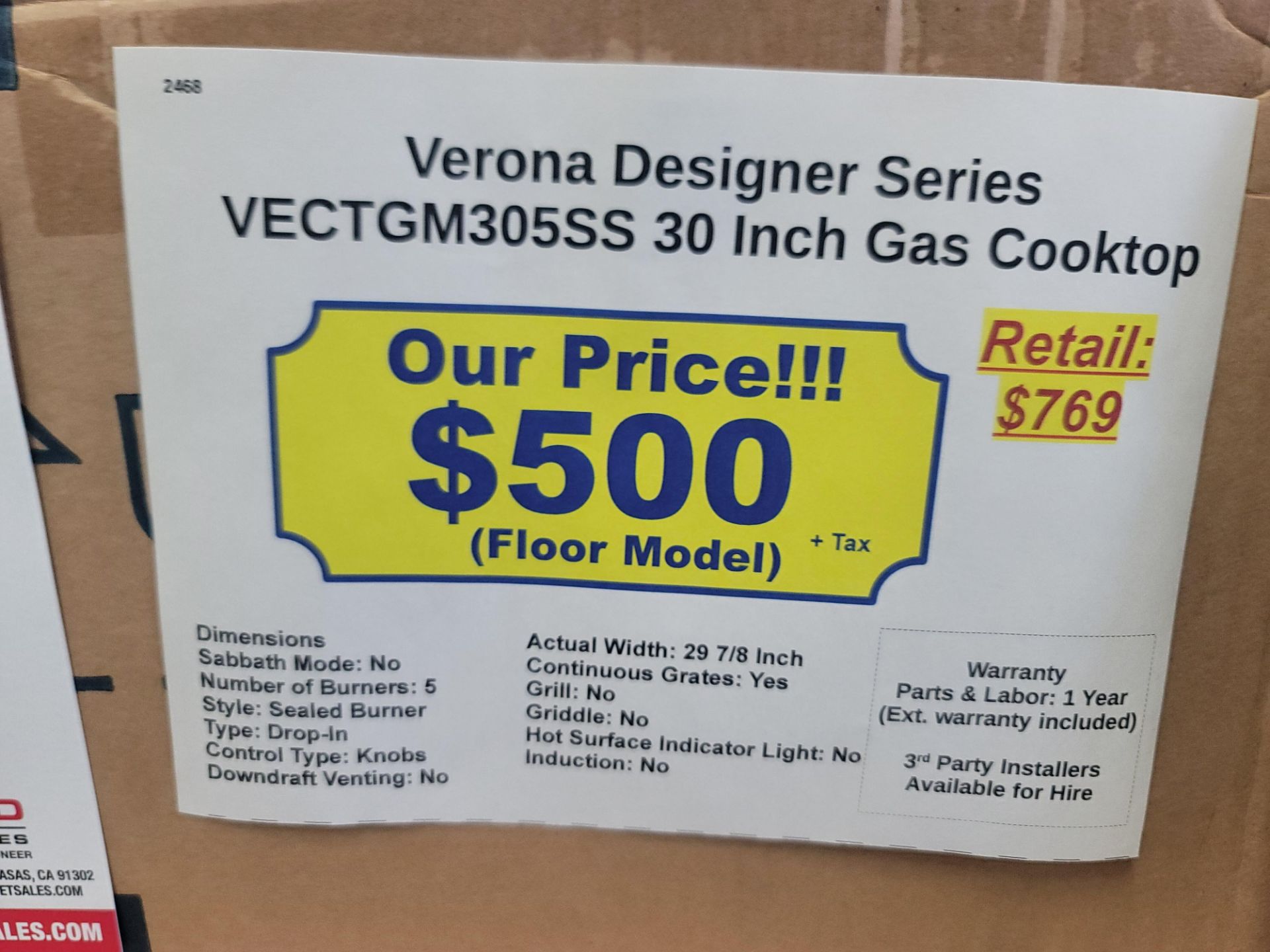 VERONA DESIGNER SERIES 30" GAS COOKTOP W/ (5) BURNERS IN STAINLESS STEEL, MODEL VECTGM305SS - Image 4 of 4