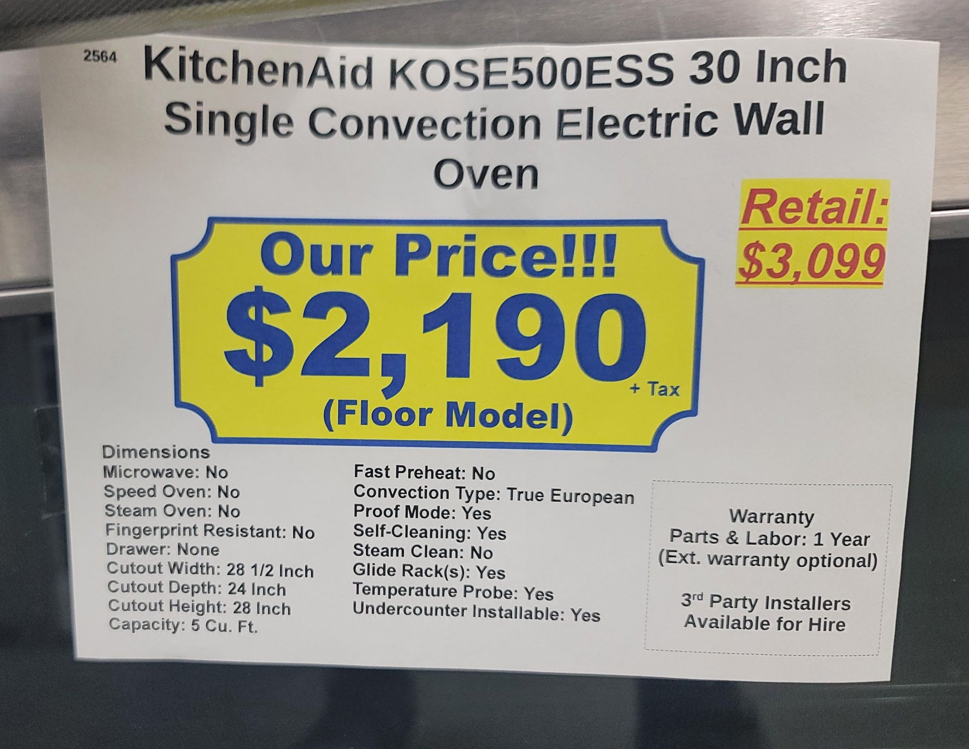 KITCHENAID 30" SINGLE CONVECTION ELECTRIC WALL OVEN W/ 5.0 CU. FT. CAPACITY IN STAINLESS STEEL, - Image 4 of 4