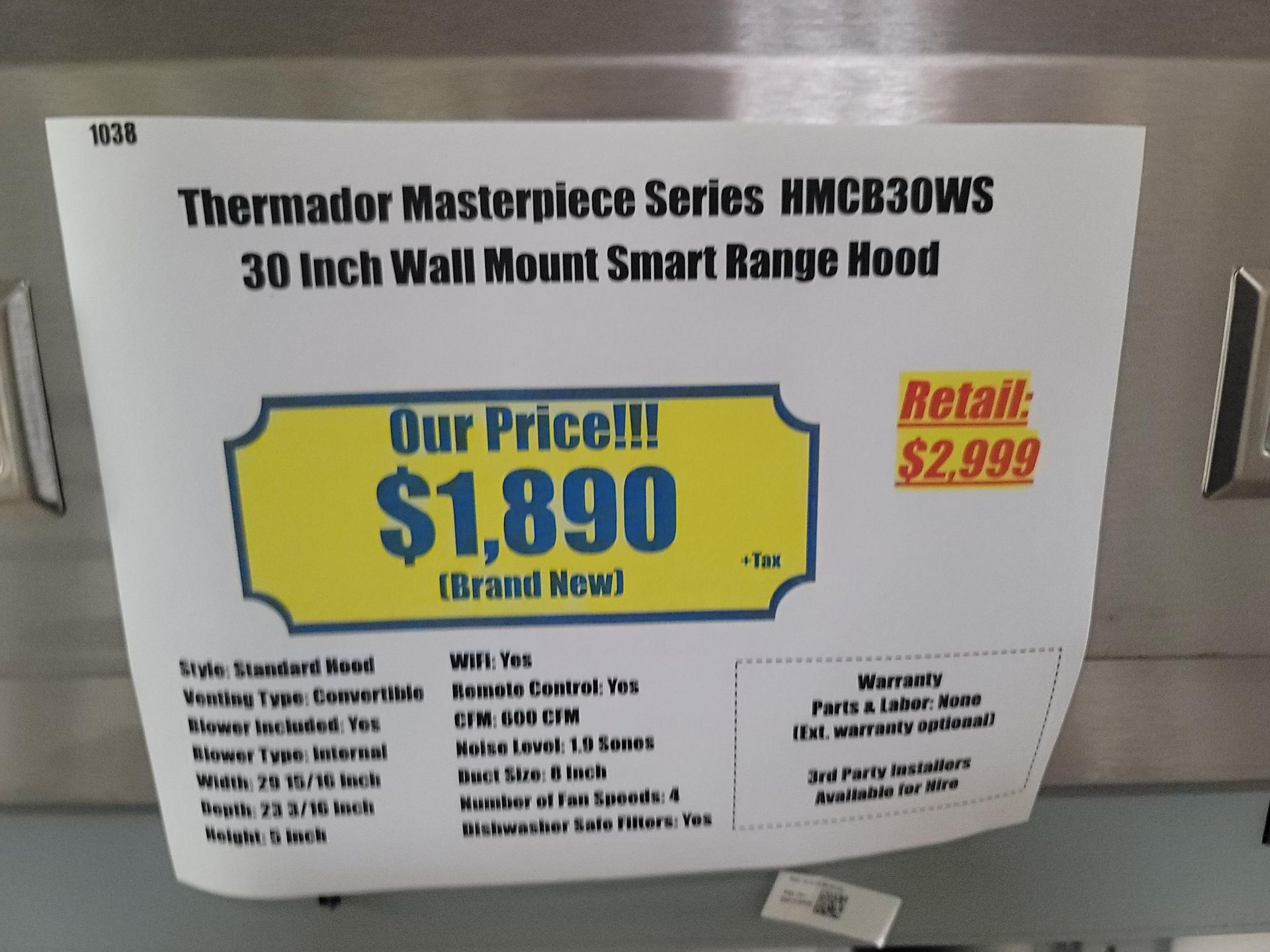 THERMADOR MASTERPIECE SERIES 30" WALL MOUNT SMART RANGE HOOD, MODEL HMCB30WS - Image 3 of 3