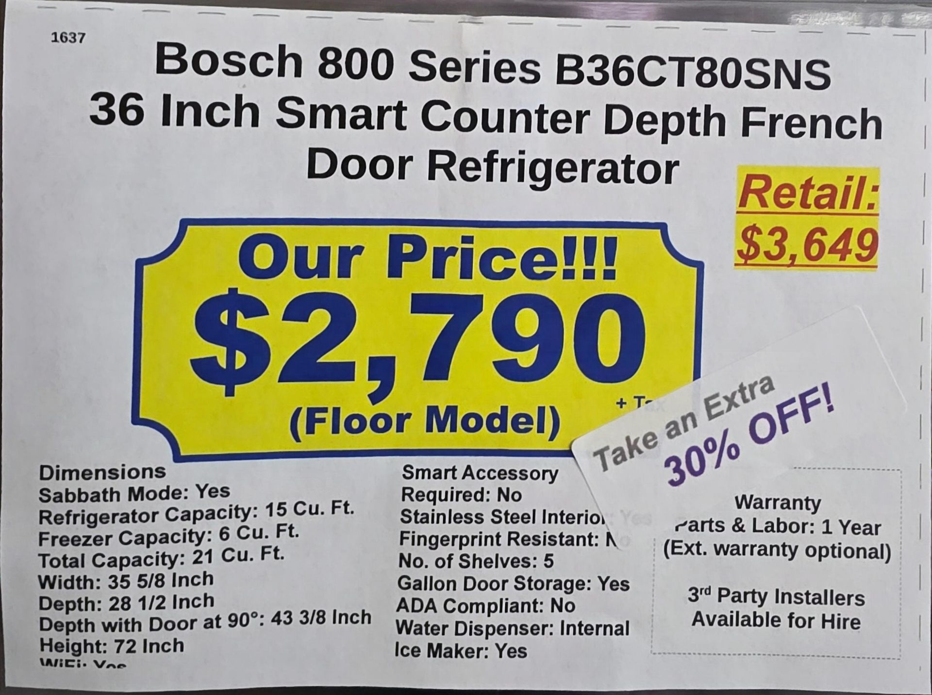 BOSCH 800 SERIES 36" SMART COUNTER DEPTH FRENCH DOOR 15 CU. FT. REFRIGERATOR / 6.0 CU. FT. FREEZER / - Image 4 of 4