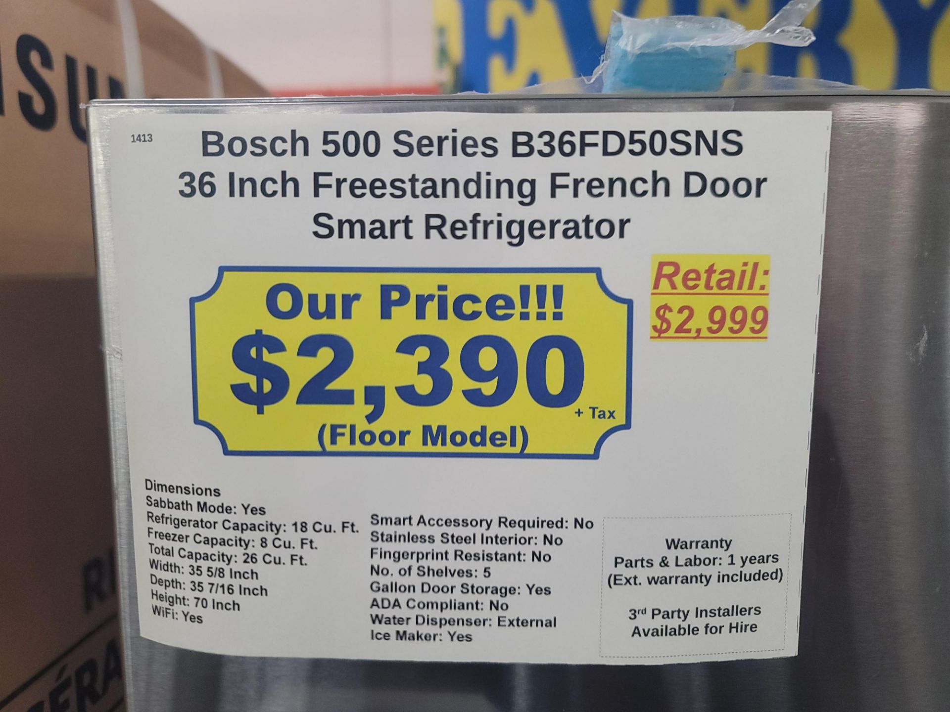 BOSCH 500 SERIES 36" SMART FREESTANDING FRENCH DOOR 18 CU. FT. REFRIGERATOR / 8 CU. FT. FREEZER / 26 - Image 4 of 4