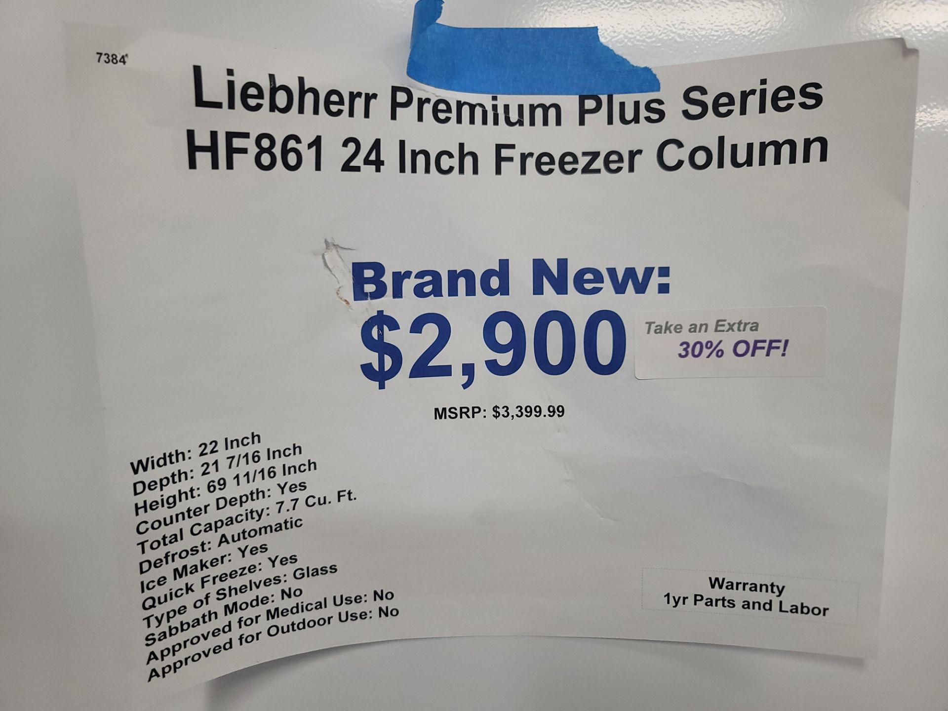 LIEBHERR 24" FREEZER COLUMN W/ 7.7 CU. FT. CAPACITY, MODEL HF861, (NOTE: WE DO NOT HAVE THE FINISHED - Image 3 of 3