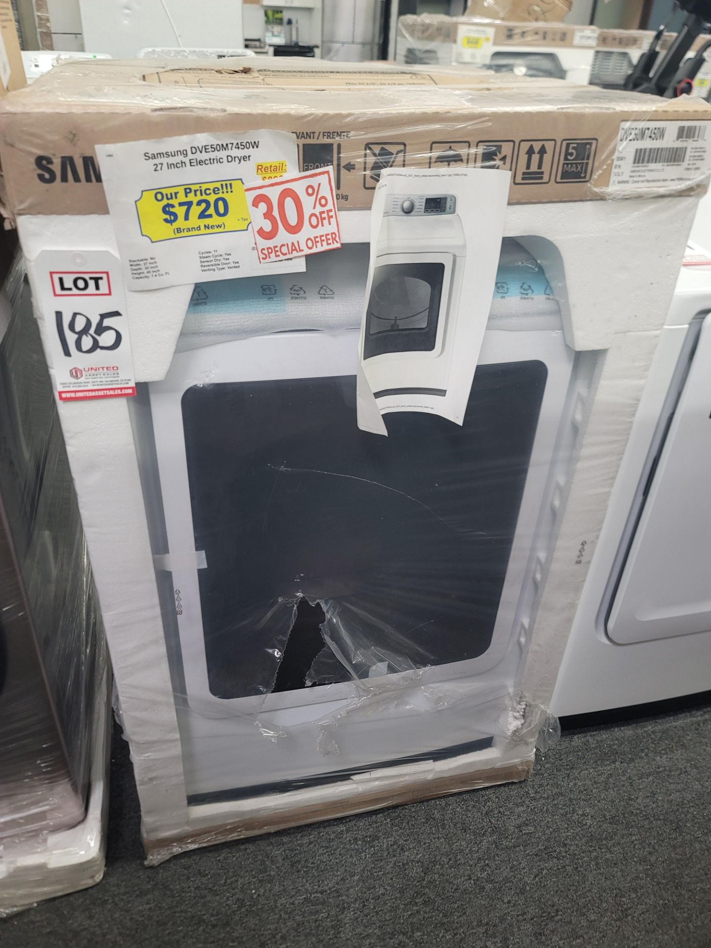 SAMSUNG 27" ELECTRIC DRYER IN WHITE, 7.4 CU. FT. CAPACITY, MODEL DVE50M7450W, IN ORIGINAL PACKAGING
