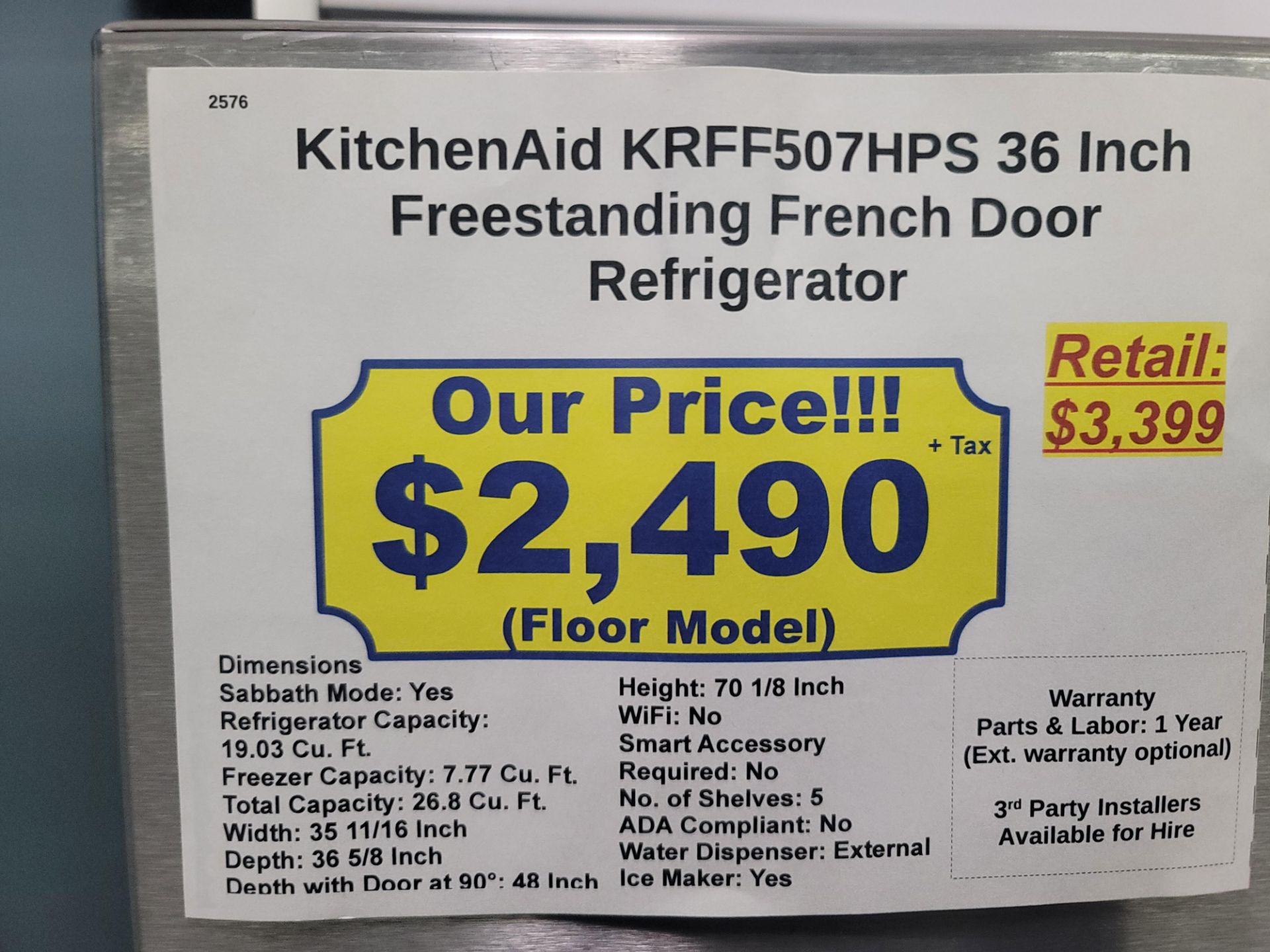 KITCHENAID 36" FREESTANDING FRENCH DOOR 19.03 CU. FT. REFRIGERATOR / 7.77 CU. FT. FREEZER / 26.8 CU. - Image 4 of 4