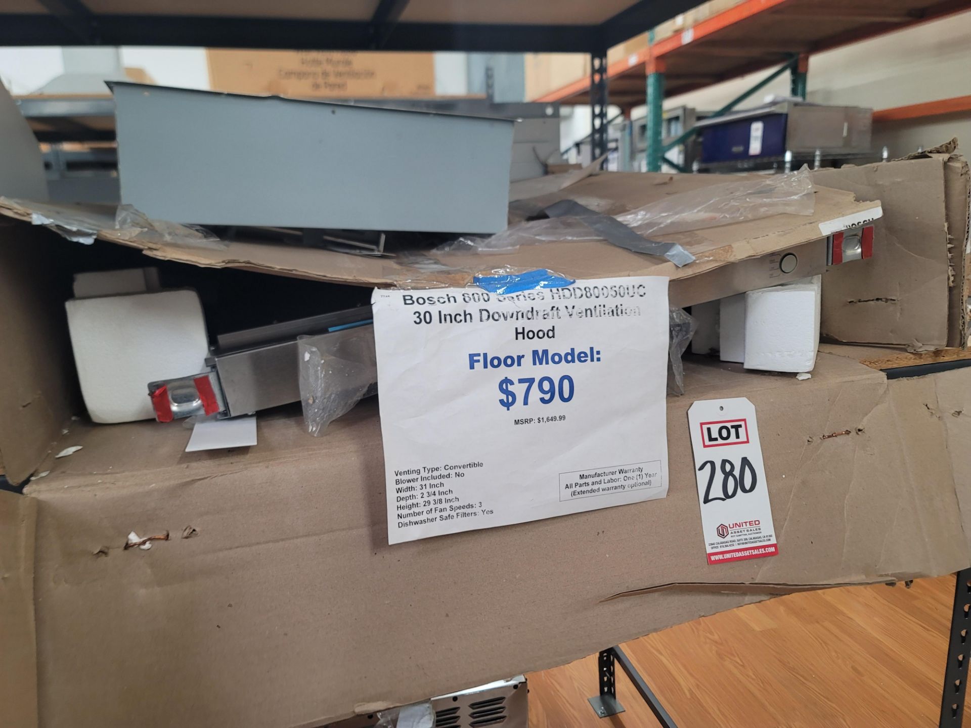 BOSCH 800 SERIES 30" DOWNDRAFT VENTILATION HOOD, MODEL HDD80050UC, OPEN CARTON