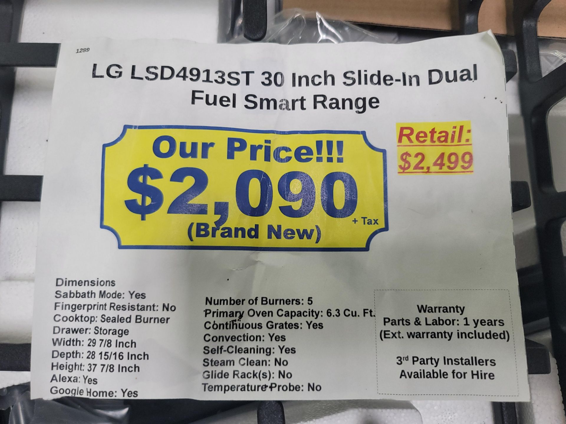 LG 30" SLIDE-IN DUAL FUEL SMART RANGE W/ (5) GAS BURNERS AND 6.3 CU. FT. CAPACITY ELECTRIC OVEN IN - Image 4 of 4