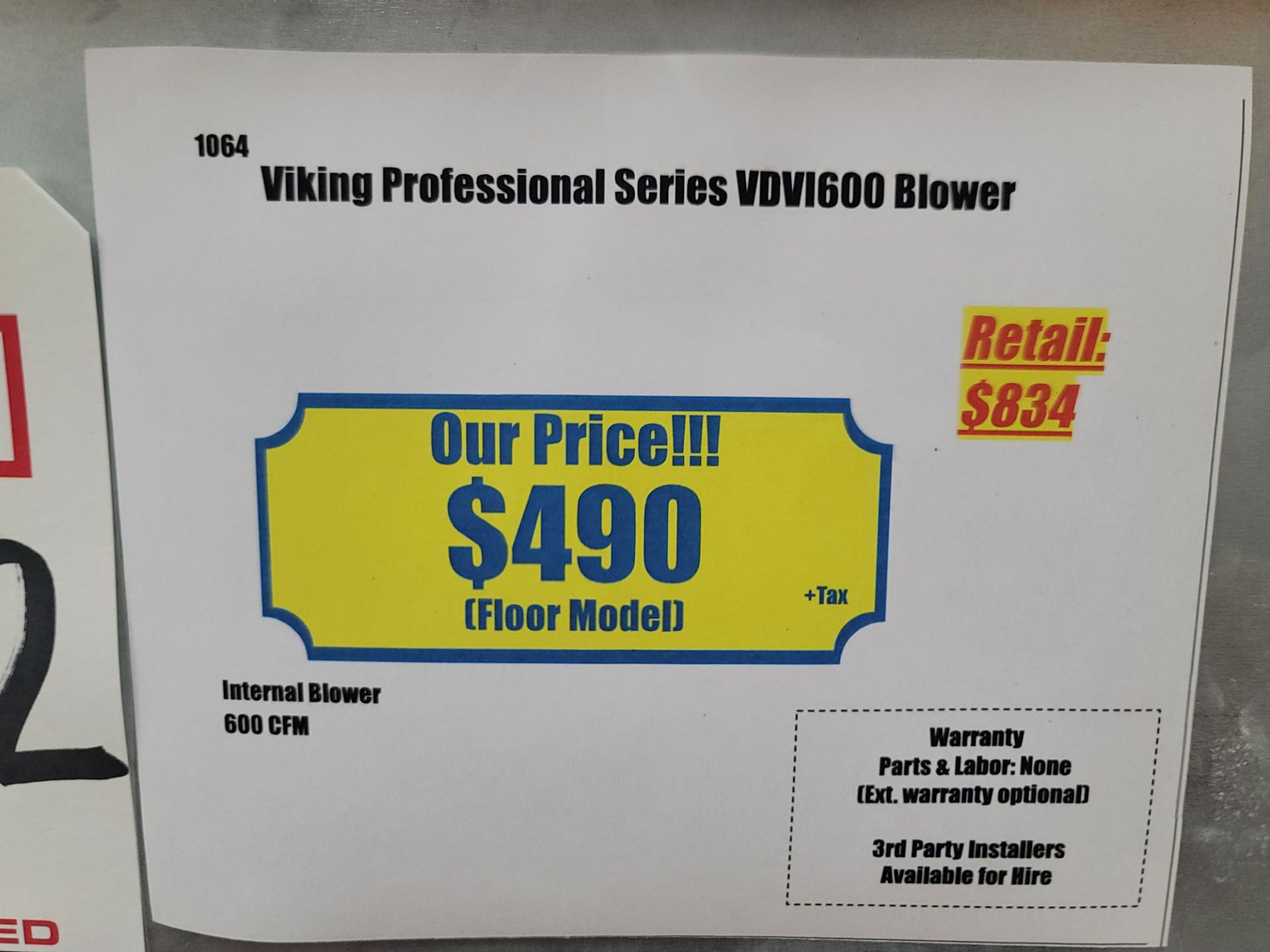 VIKING PROFESSIONAL SERIES BLOWER, MODEL VDVI600 - Image 2 of 2
