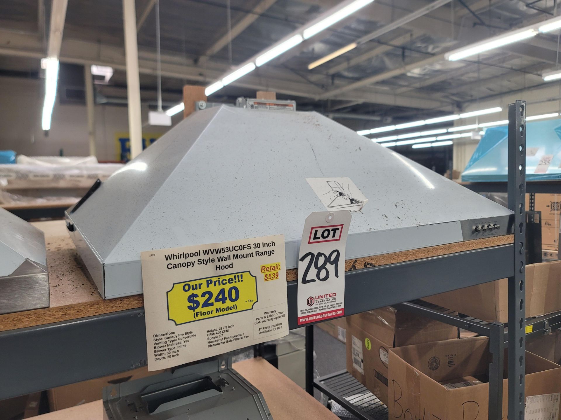 WHIRLPOOL 30" CANOPY STYLE WALL MOUNT RANGE HOOD, MODEL WVW53UC0FS