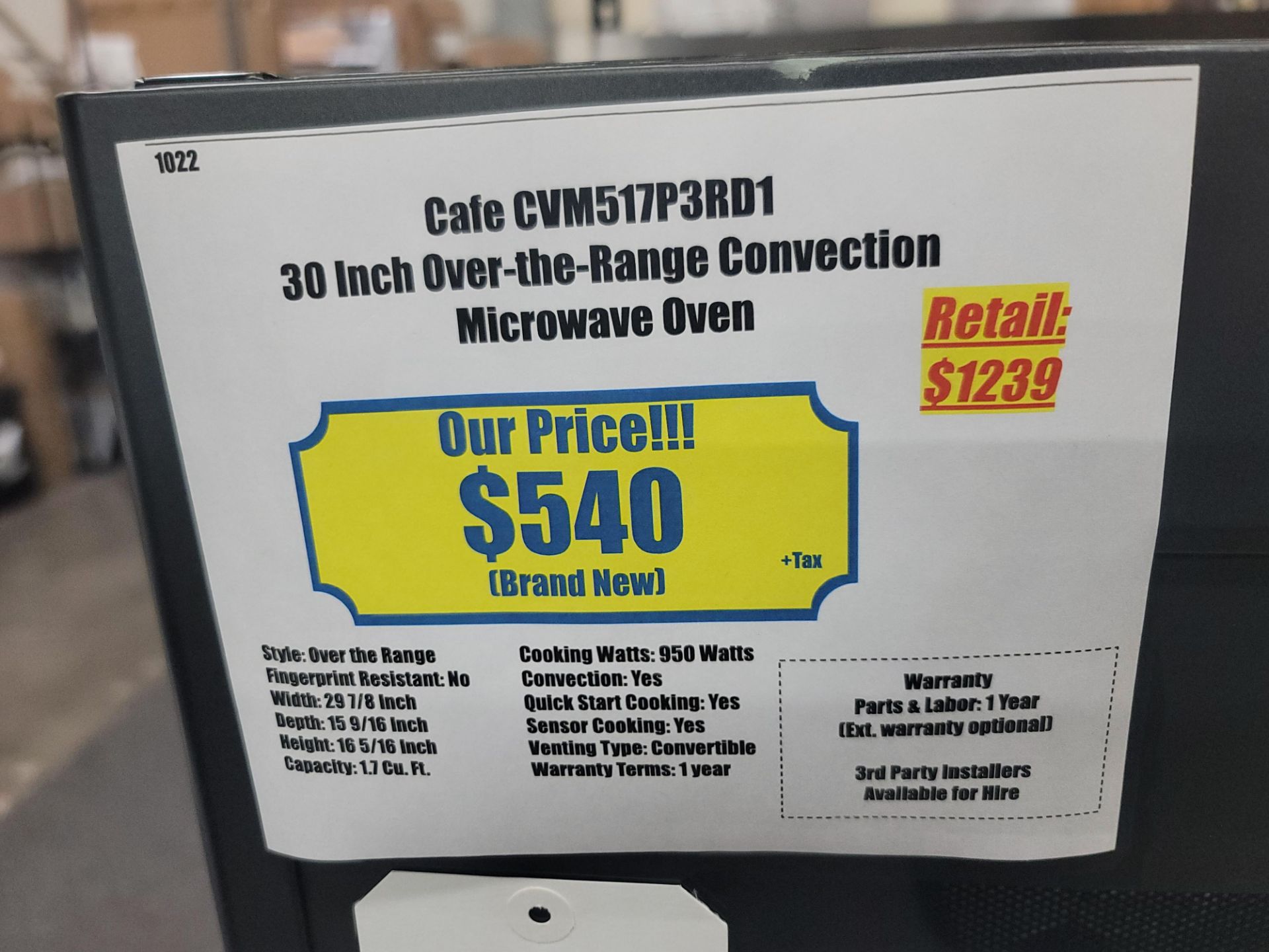 CAFE 30" OVER-THE-RANGE CONVECTION MICROWAVE OVEN IN BLACK MATTE W/ STAINLESS STEEL HANDLE, 1.7 - Image 4 of 4