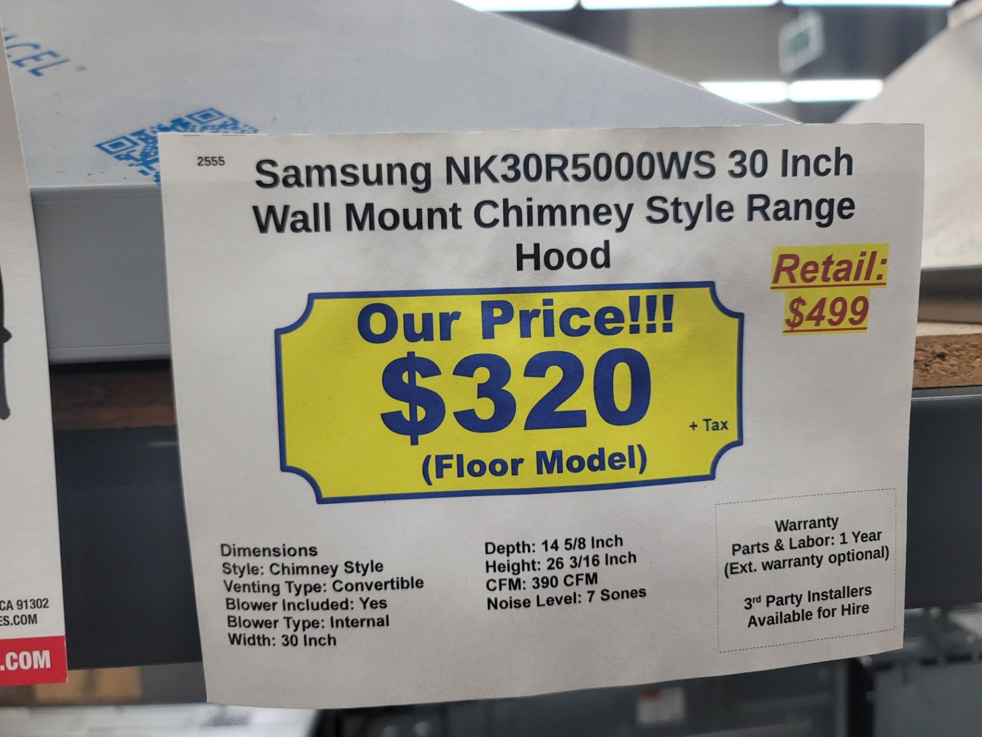 SAMSUNG 30" WALL MOUNT CHIMNEY STYLE RANGE HOOD, MODEL NK30R5000WS - Image 2 of 2