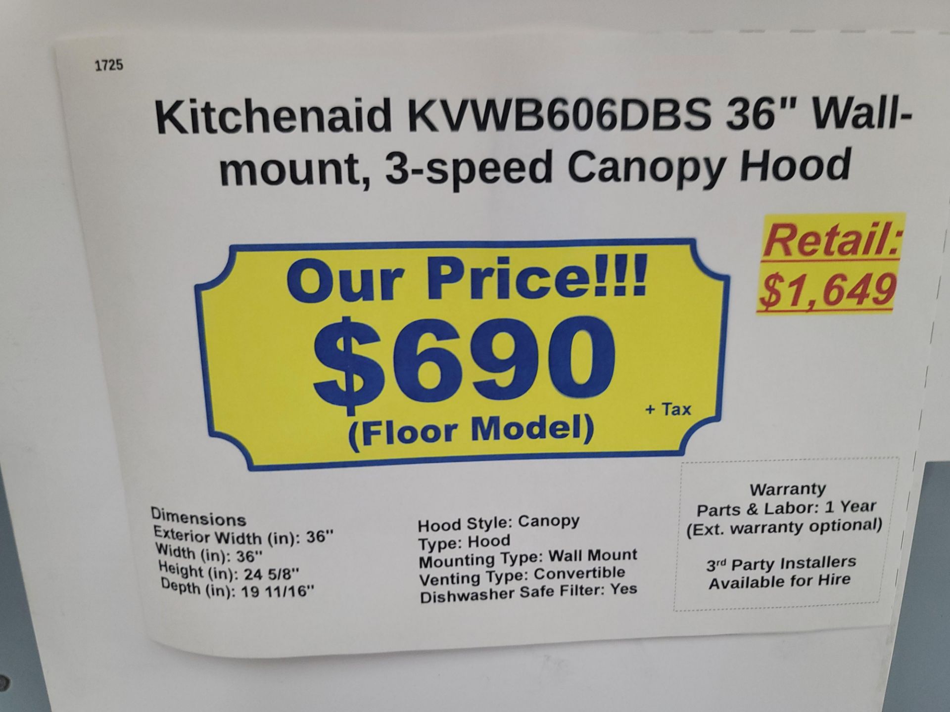 KITCHENAID 36" WALL MOUNT CANOPY RANGE HOOD, MODEL KVWB606DBS - Image 2 of 2
