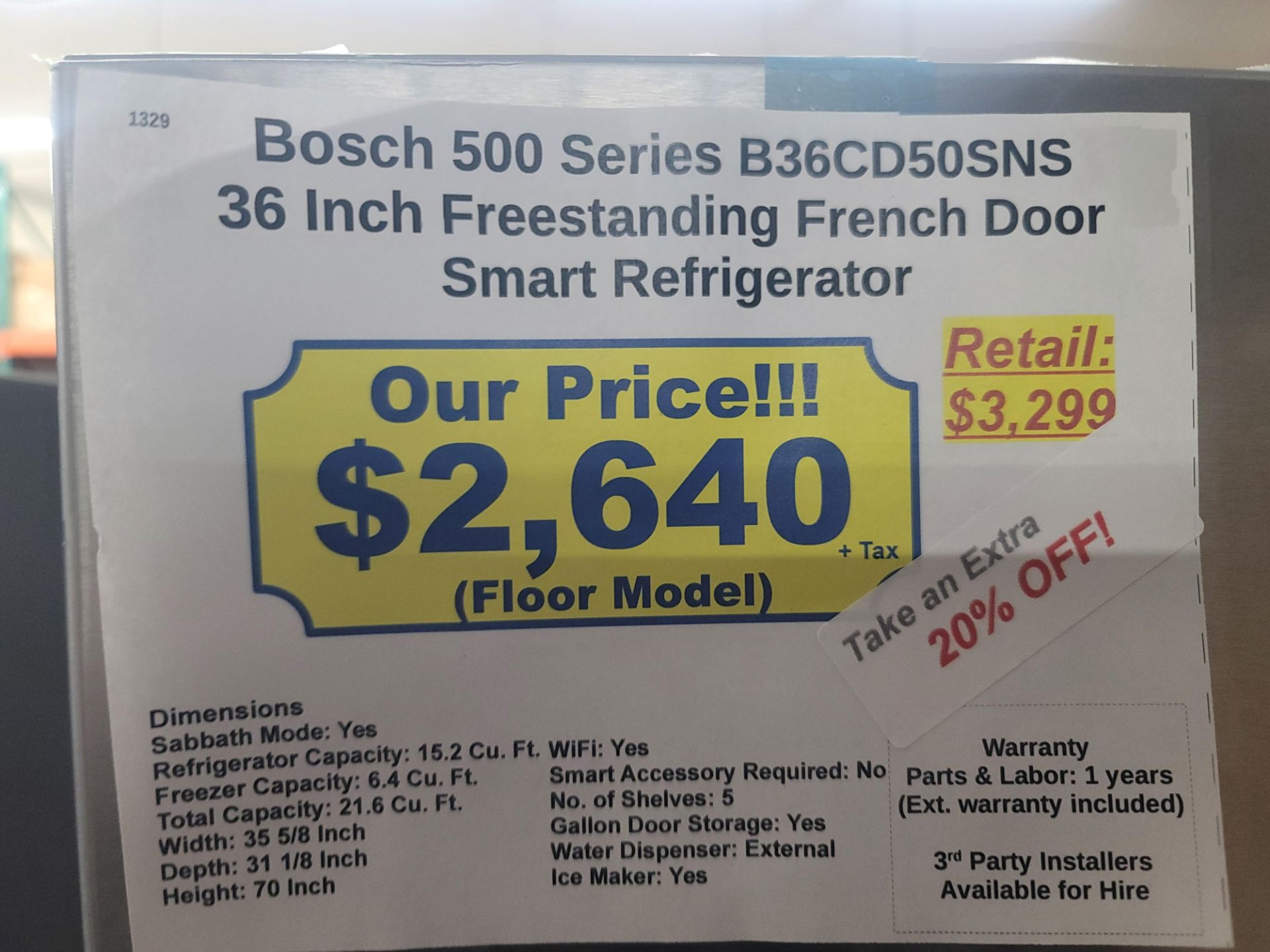 BOSCH 500 SERIES 36" SMART FREESTANDING FRENCH DOOR 15.2 CU. FT. REFRIGERATOR / 6.4 CU. FT. - Image 4 of 4