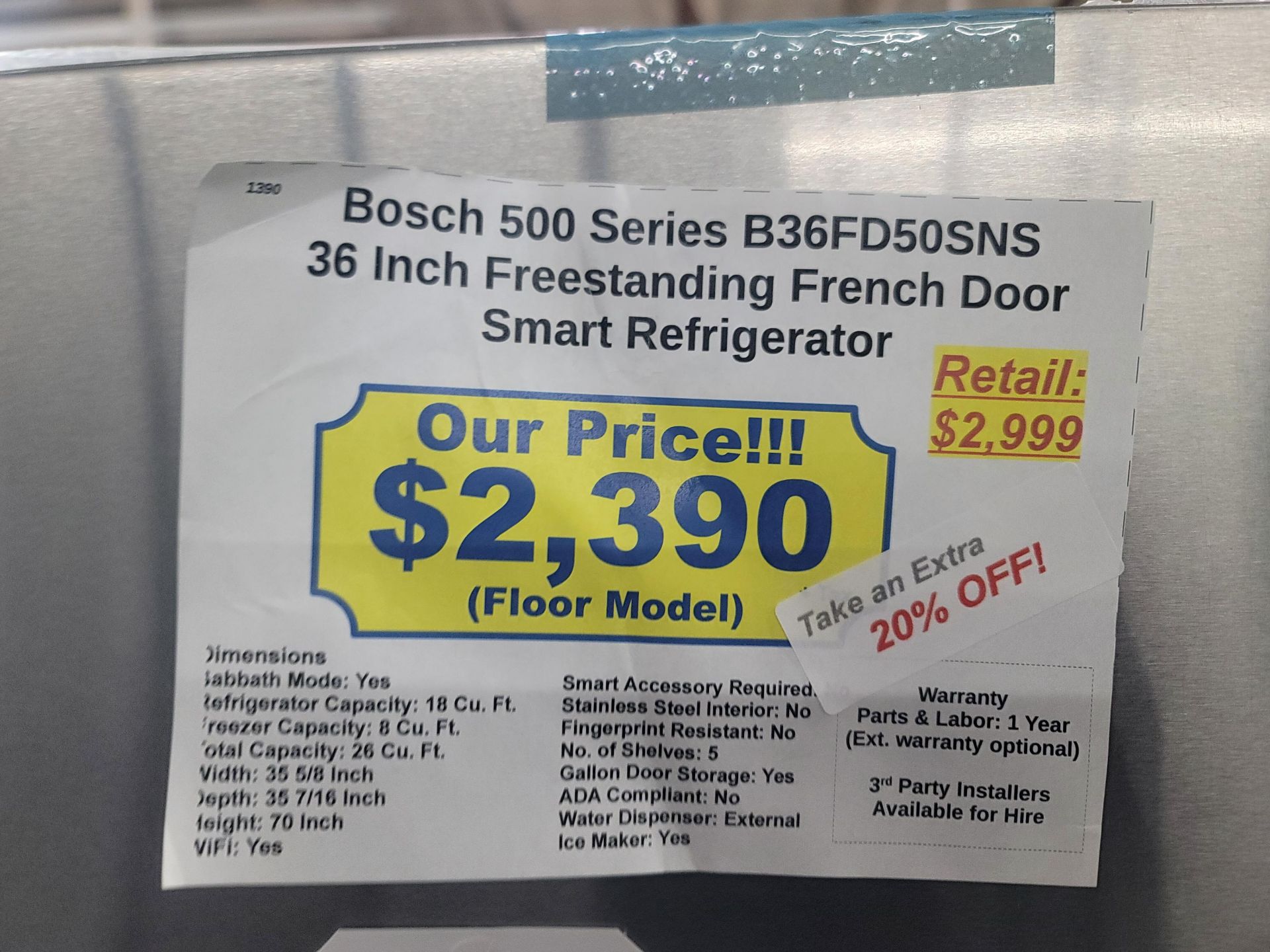 BOSCH 500 SERIES 36" SMART FREESTANDING FRENCH DOOR 18 CU. FT. REFRIGERATOR / 8 CU. FT. FREEZER / 26 - Image 4 of 4
