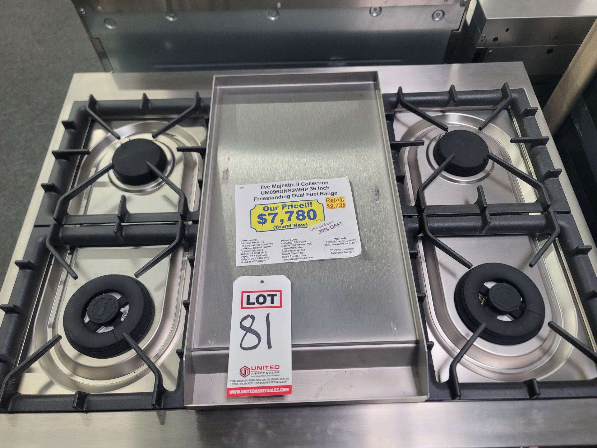 ILVE MAJESTIC II COLLECTION 36" FREESTANDING DUAL FUEL RANGE W/ (6) GAS BURNERS AND 3.5 CU. FT. - Image 2 of 5