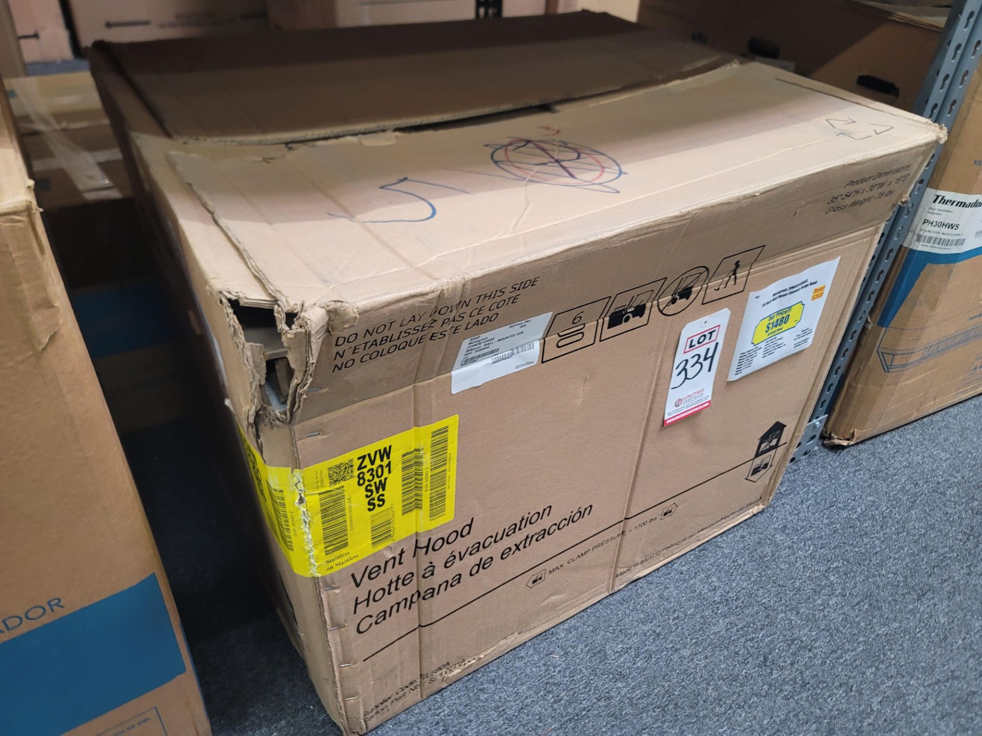 MONOGRAM 30" WALL MOUNT CHIMNEY RANGE HOOD, MODEL ZVW8301SWSS, IN ORIGINAL CARTON