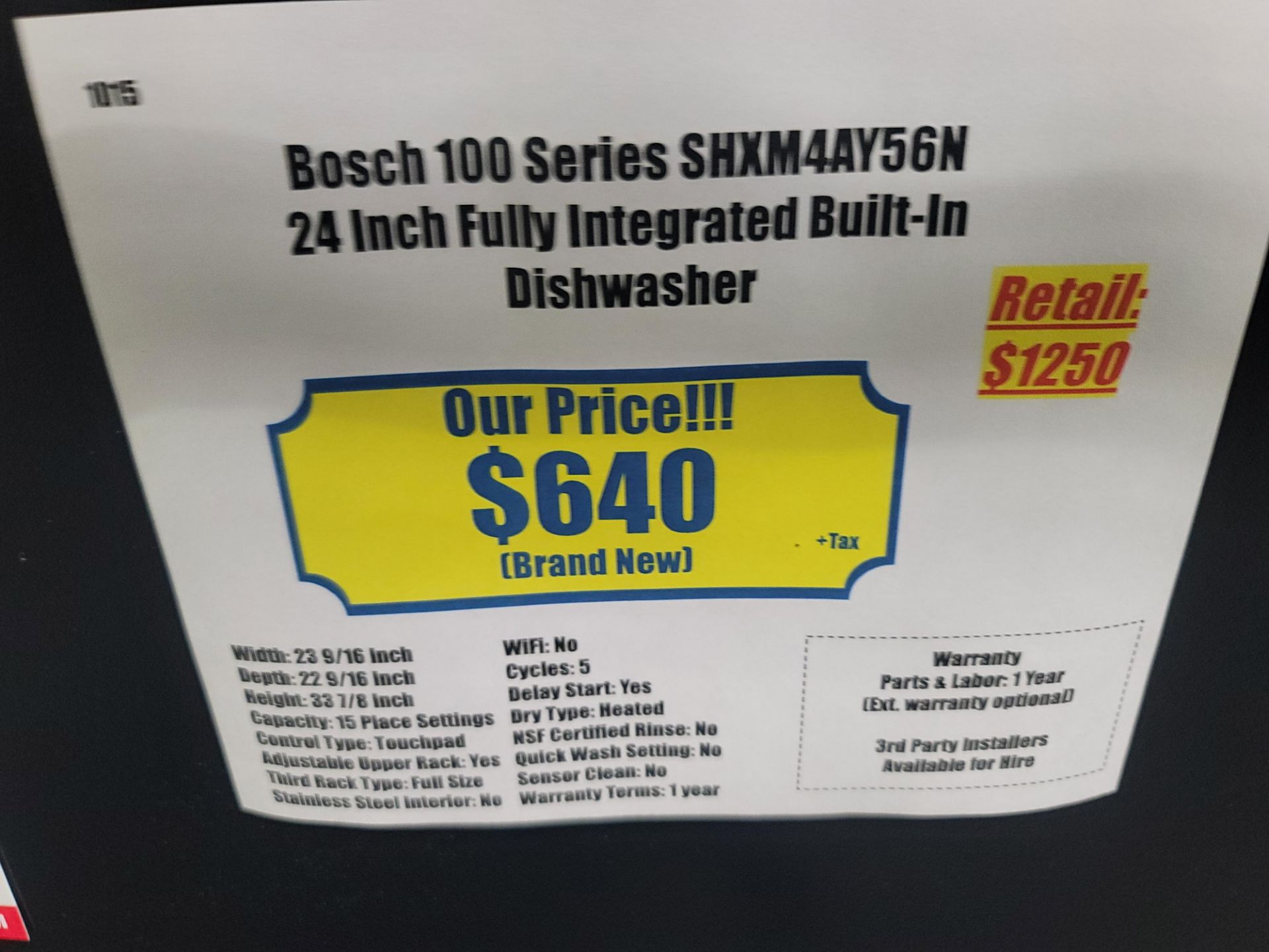 BOSCH 100 SERIES 24" FULLY INTEGRATED BUILT-IN DISHWASHER IN BLACK, MODEL SHXM4AY56N - Image 4 of 4