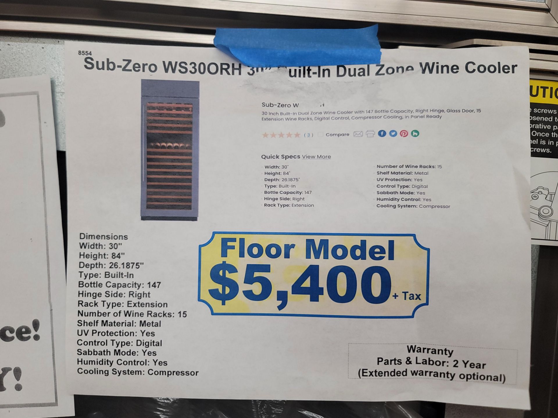 SUB-ZERO 30" BUILT-IN DUAL ZONE WINE COOLER W/ 147-BOTTLE CAPACITY, MODEL WS30ORH - Image 4 of 4