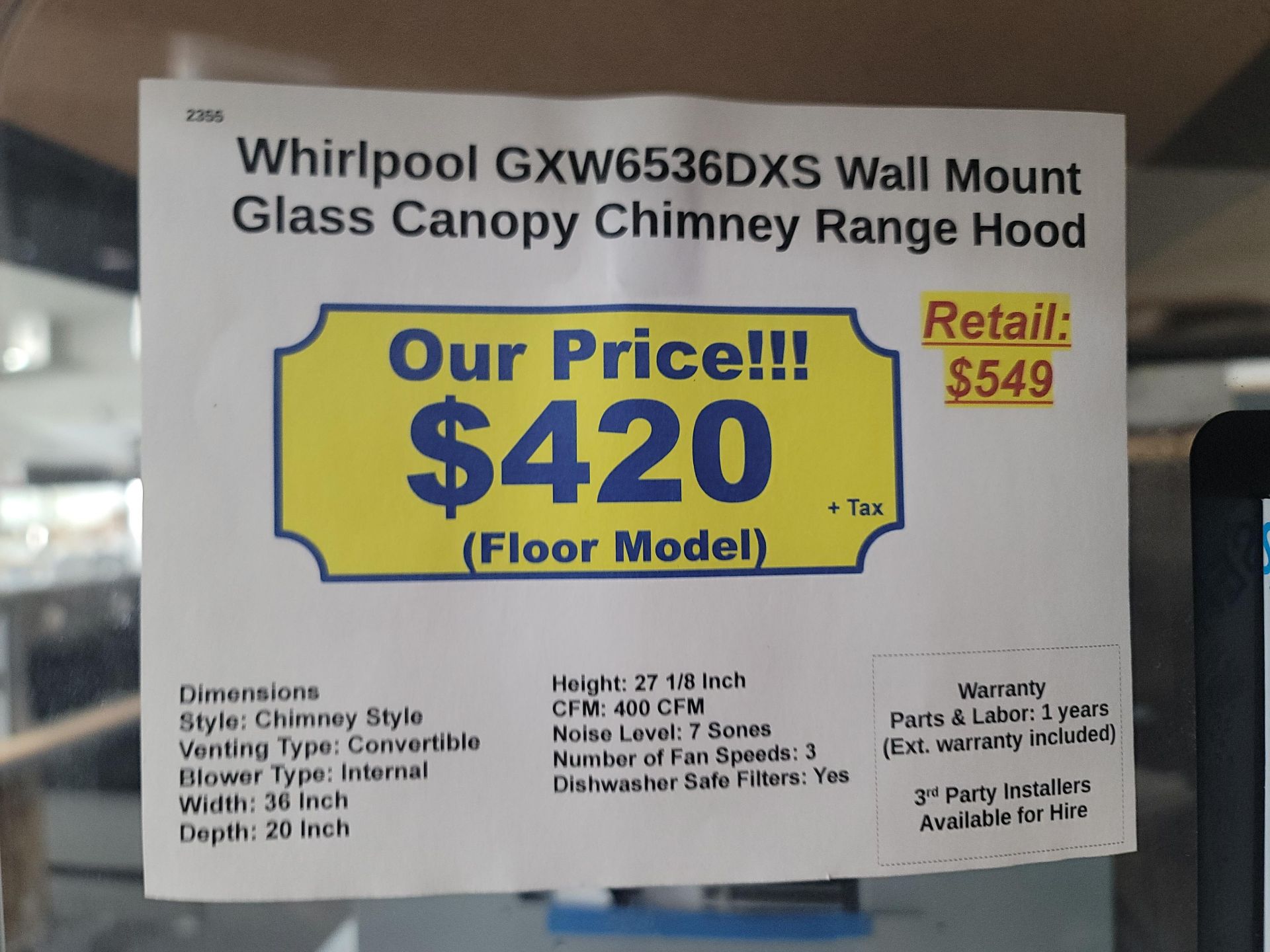 WHIRLPOOL 36" WALL MOUNT GLASS CANOPY CHIMNEY RANGE HOOD, MODEL GXW6536DXS - Image 3 of 3