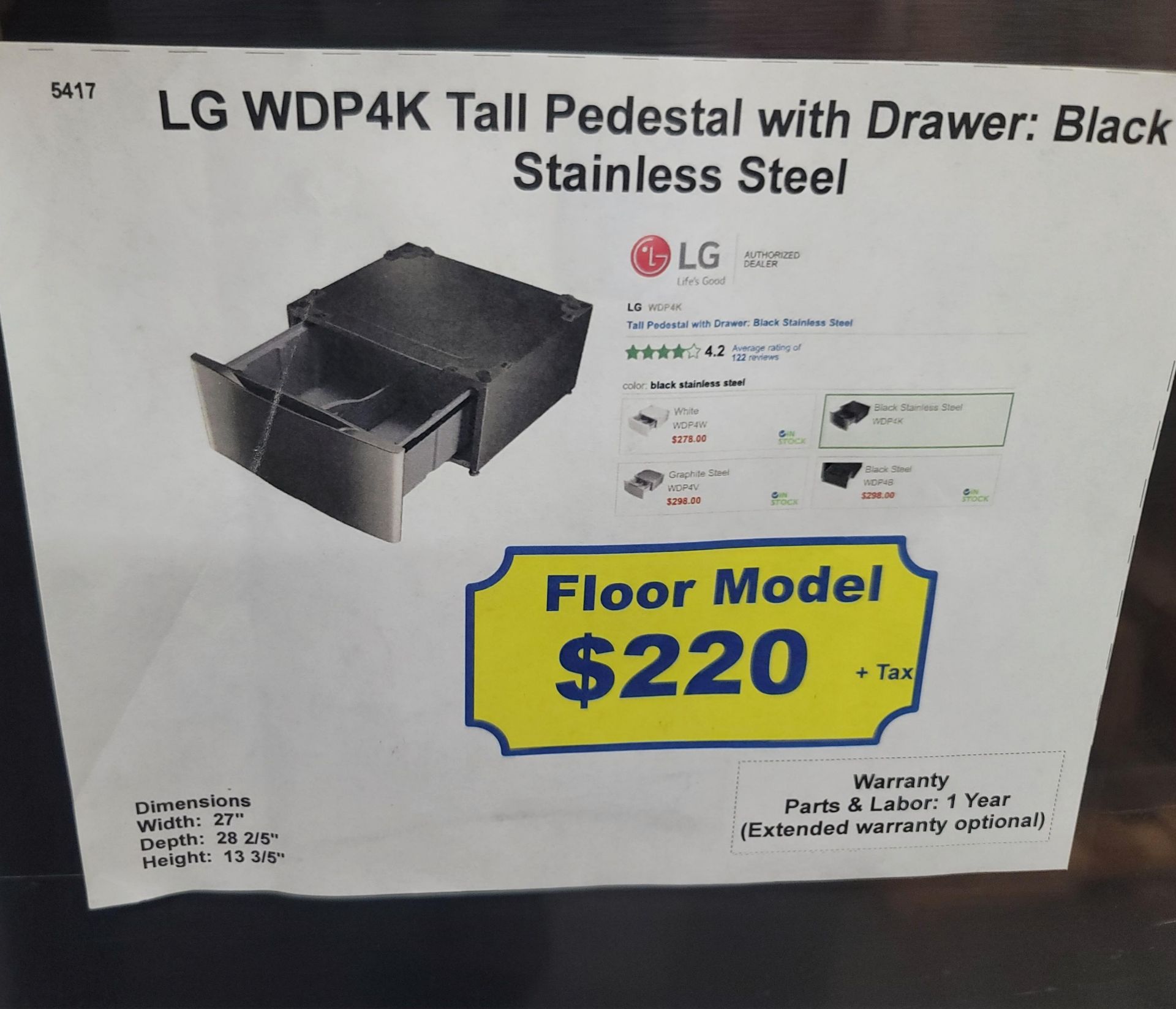 LG 27" LAUNDRY PEDESTAL W/ 13-5/8" HT, IN BLACK STAINLESS STEEL, MODEL WDP4K - Image 3 of 3