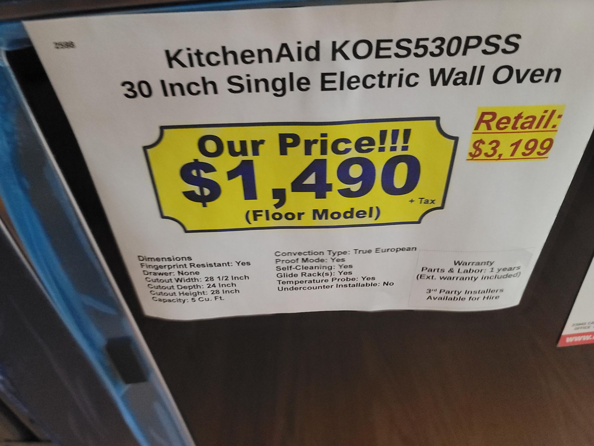 KITCHENAID 30" SINGLE CONVECTION ELECTRIC WALL OVEN W/ 5.0 CU. FT. CAPACITY IN STAINLESS STEEL, - Image 3 of 3