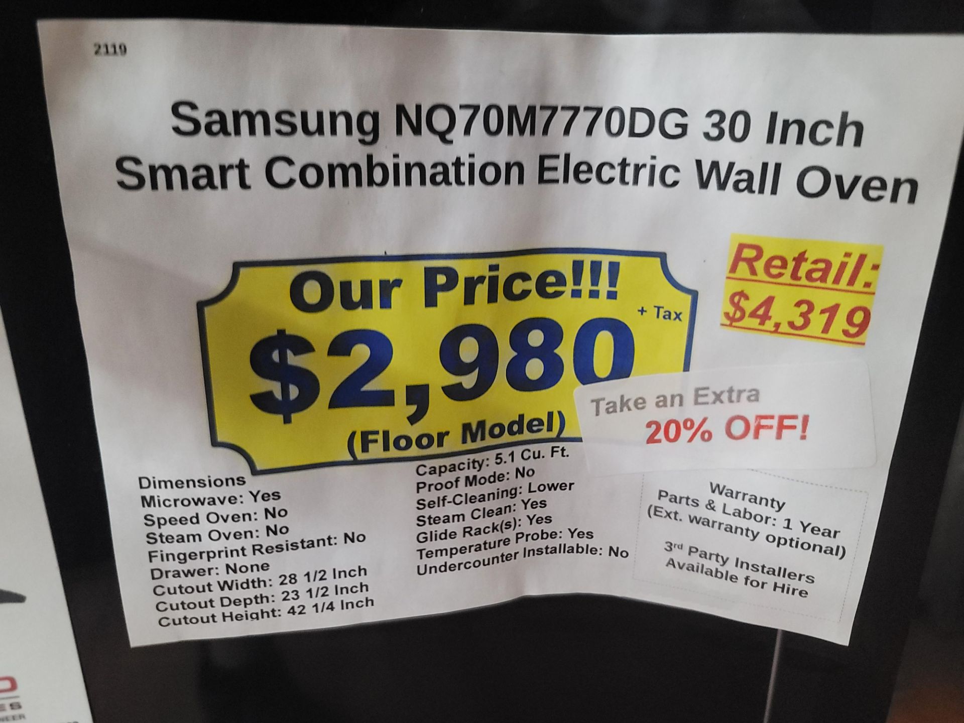 SAMSUNG 30" SMART COMBINATION MICROWAVE & ELECTRIC WALL OVEN, 5.1 CU. FT. CAPACITY, IN BLACK - Image 4 of 4