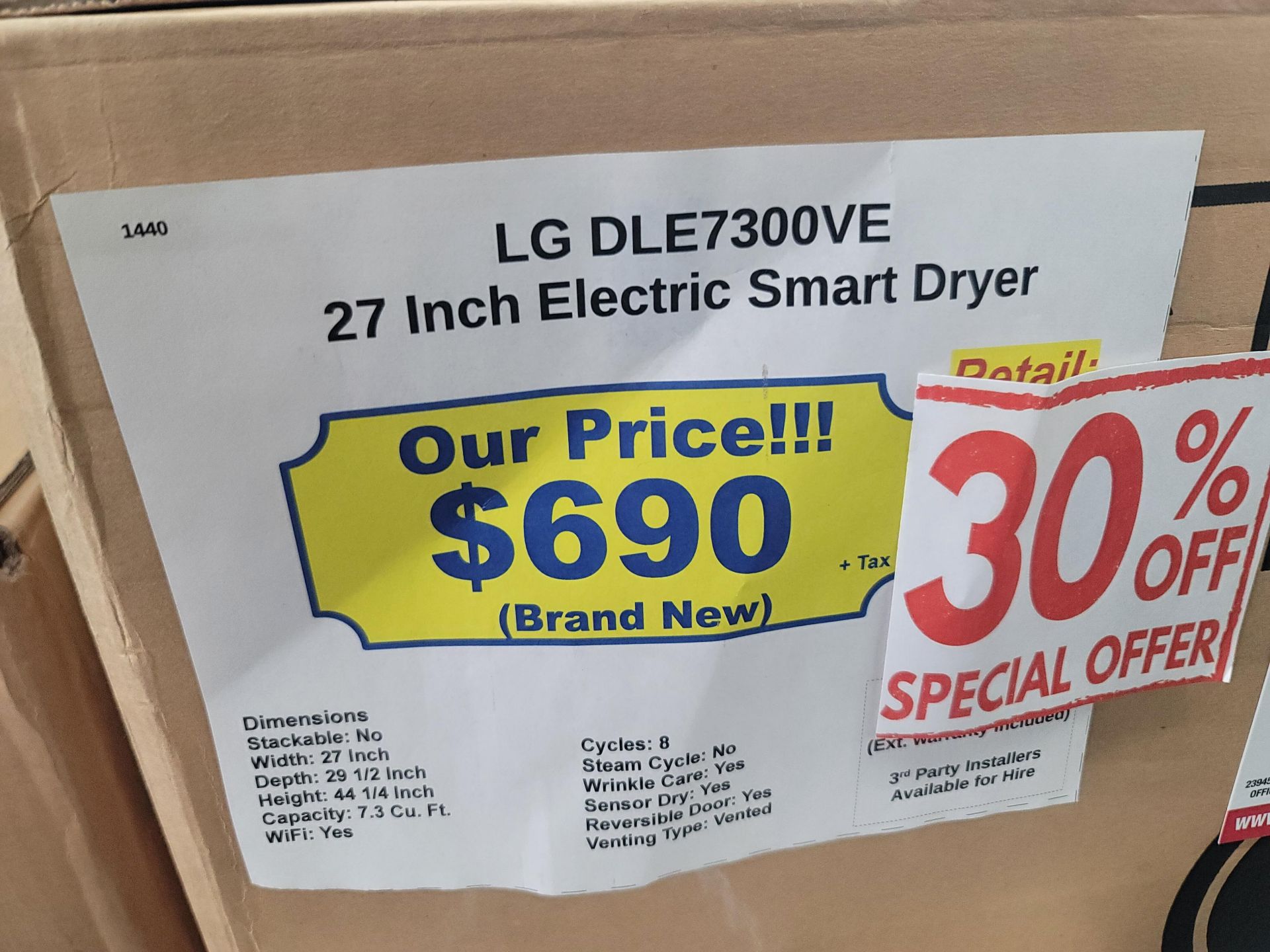 LG 27" ELECTRIC SMART DRYER IN GRAPHITE, 7.3 CU. FT. CAPACITY, MODEL DLE7300VE, IN UNOPENED CARTON - Image 3 of 3