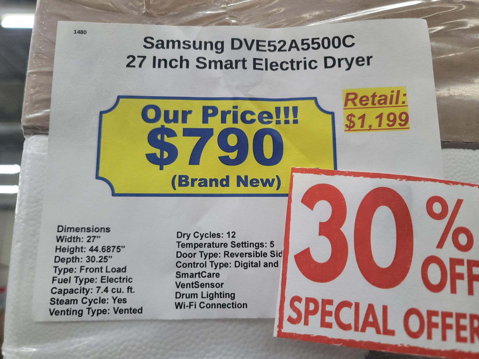 SAMSUNG 27" SMART ELECTRIC DRYER IN CHAMPAGNE, 7.4 CU. FT. CAPACITY, MODEL DVE52A5500C, IN - Image 3 of 3