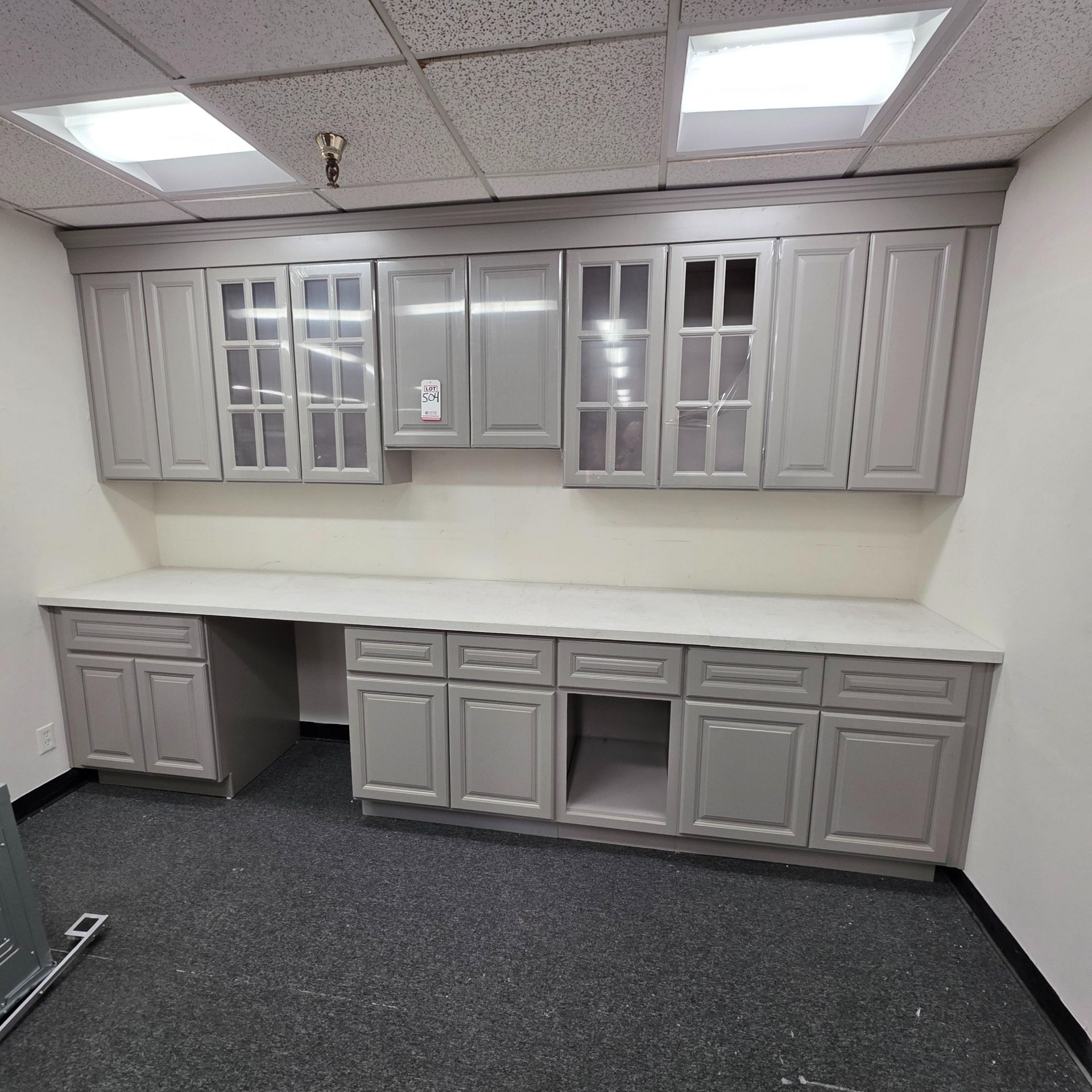 LOT - GRAY KITCHEN CABINET SET W/ ALMOST 12' OF BASE CABINETS (11'-11") AND 11' OF WALL CABINETS,