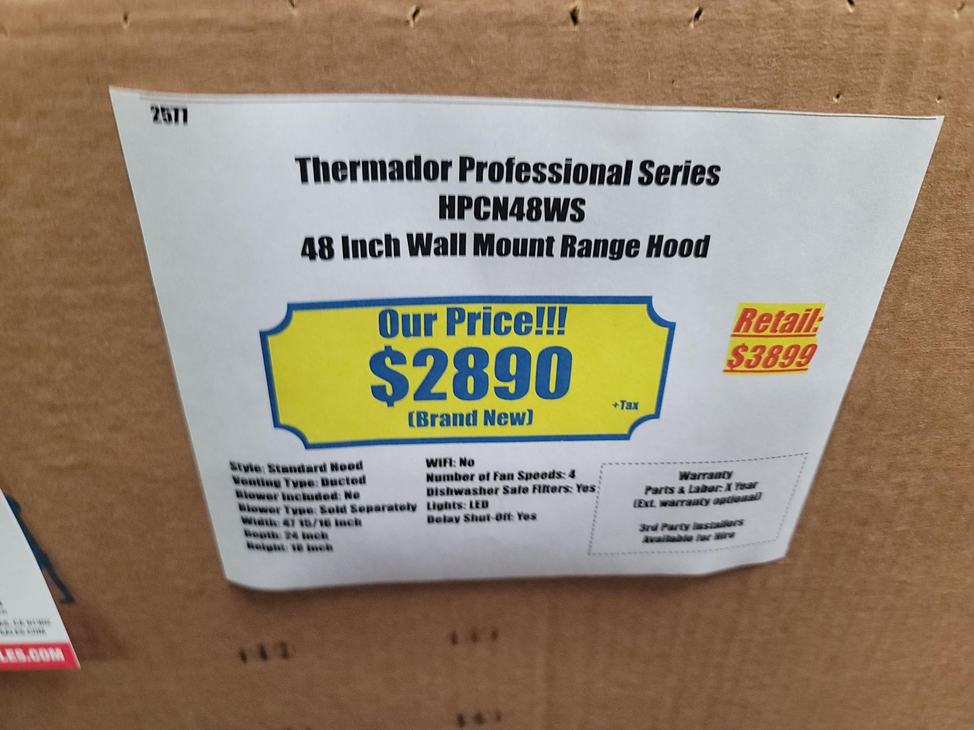 THERMADOR PROFESSIONAL SERIES 48" WALL MOUNT RANGE HOOD, MODEL HPCN48WS, IN ORIGINAL CARTON - Image 3 of 3