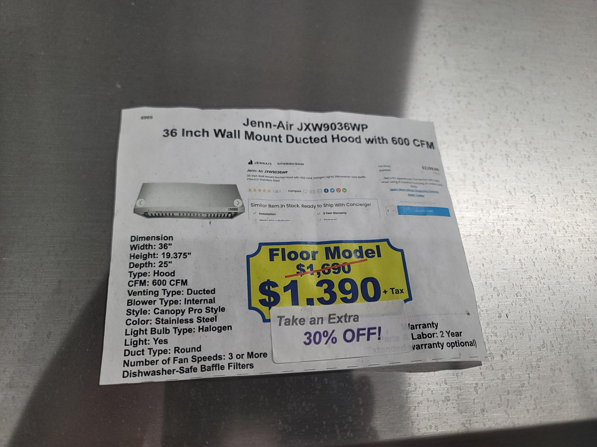 JENNAIR 36" WALL MOUNT DUCTED HOOD W/ 600 CFM, MODEL JXW9036WP - Image 2 of 2