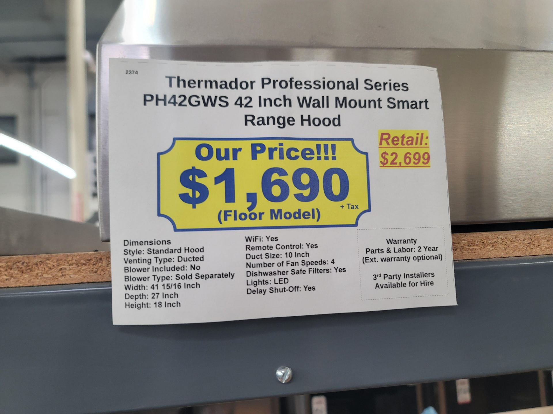 THERMADOR PROFESSIONAL SERIES 42" WALL MOUNT SMART RANGE HOOD, MODEL PH42GWS - Image 2 of 2