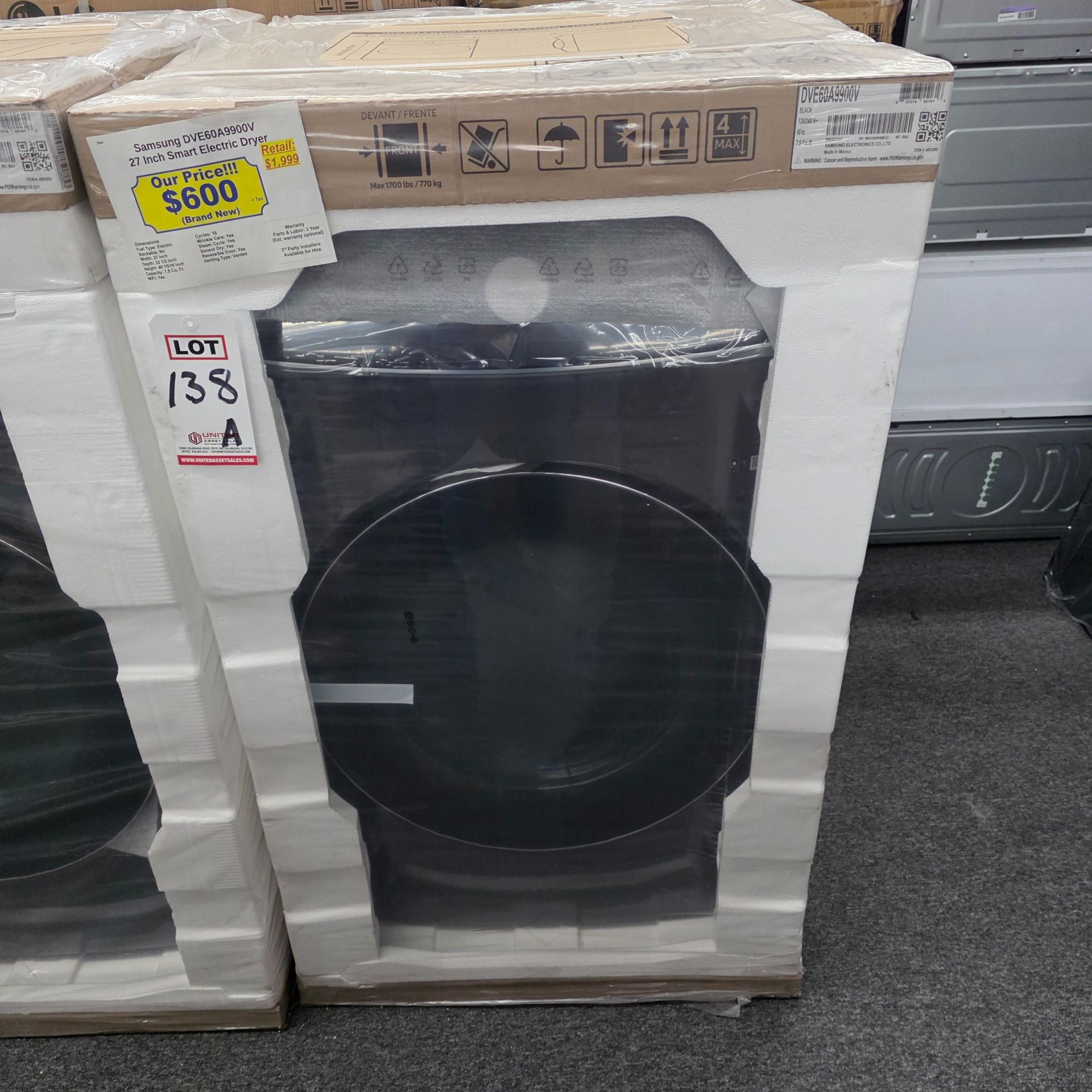 SAMSUNG 27" SMART 7.5 CU. FT. ELECTRIC DRYER IN BLACK, MODEL DVE60A9900V, UNOPENED FACTORY