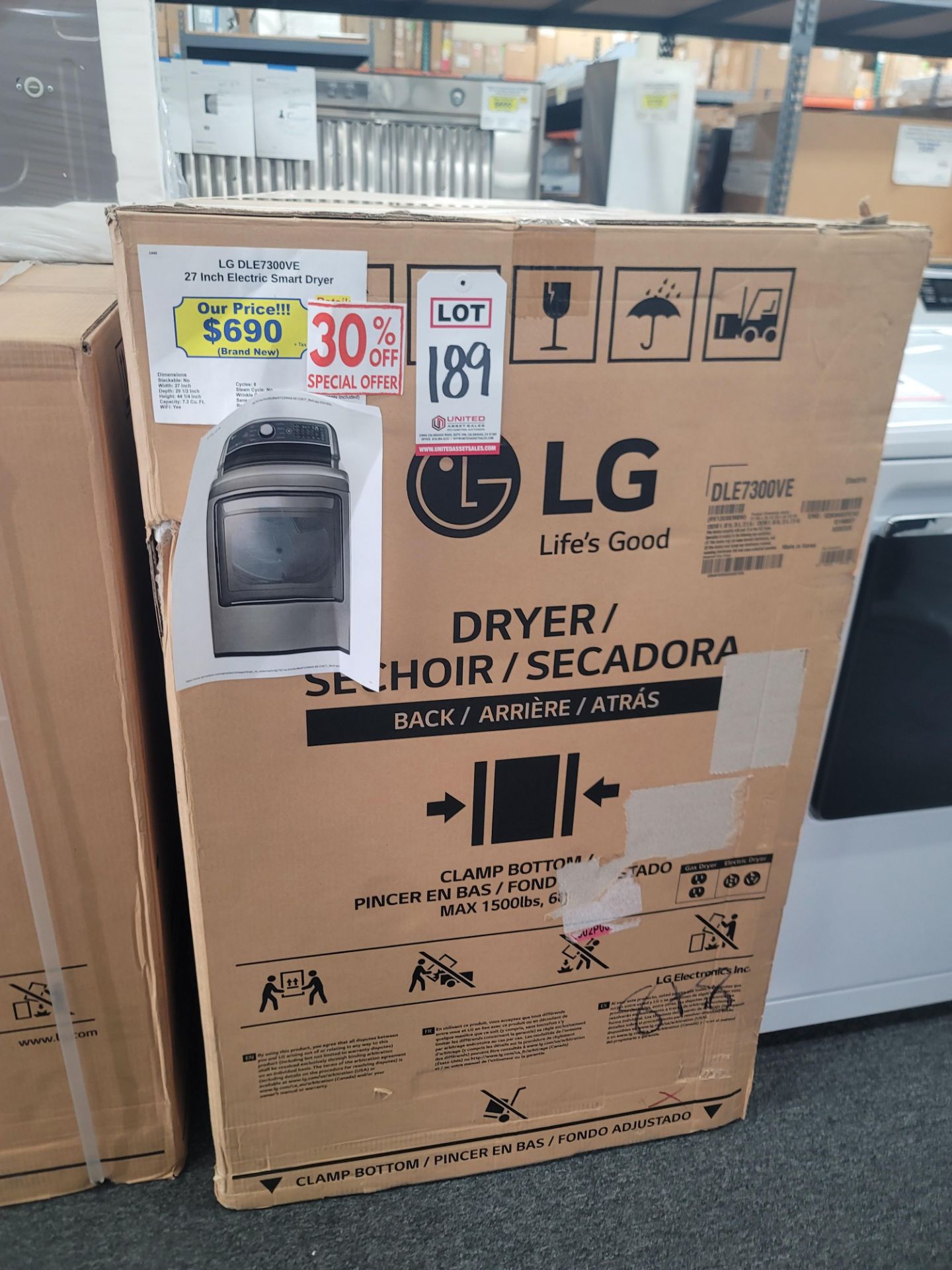 LG 27" ELECTRIC SMART DRYER IN GRAPHITE, 7.3 CU. FT. CAPACITY, MODEL DLE7300VE, IN UNOPENED CARTON