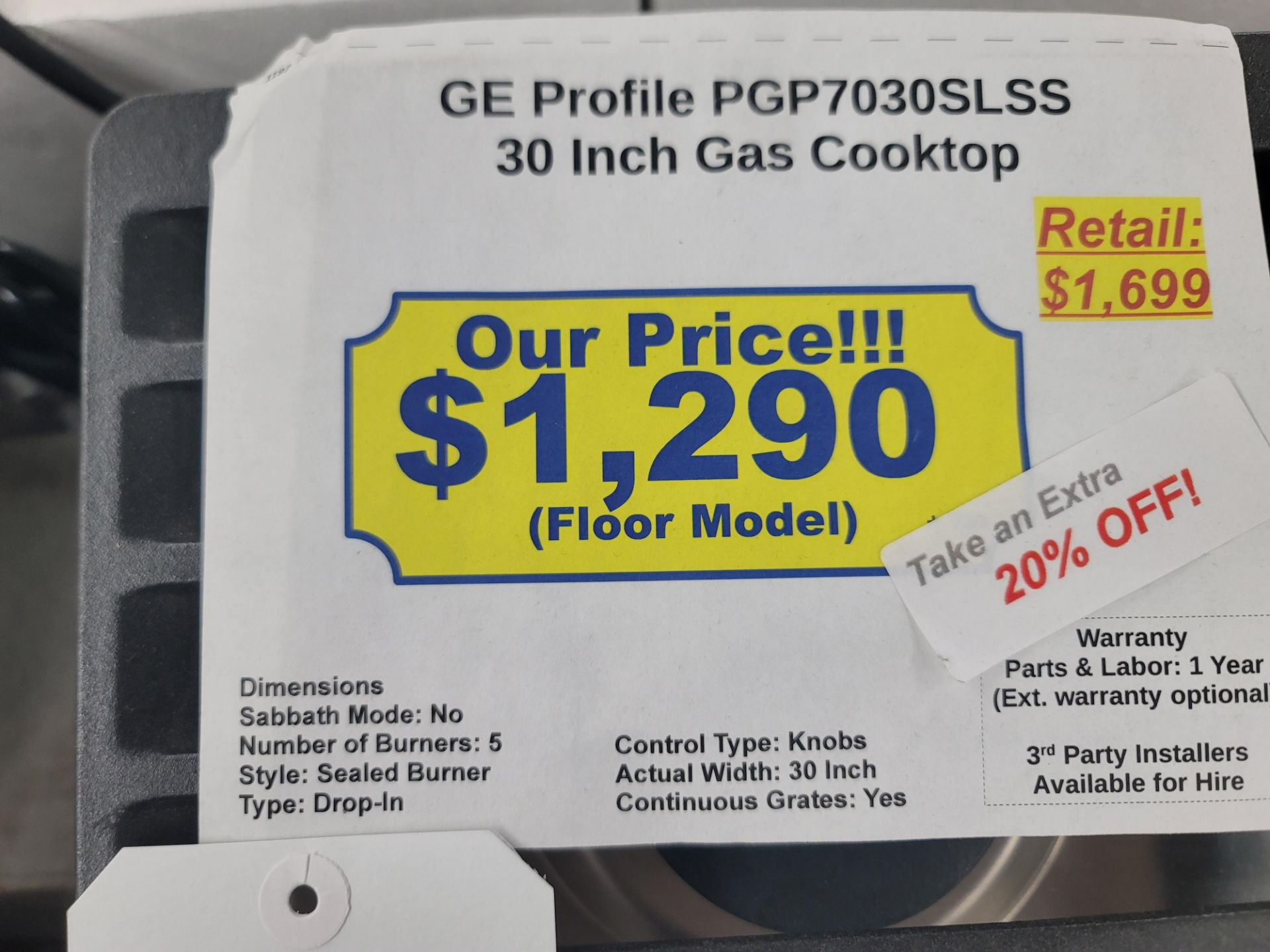 GE PROFILE 30" GAS COOKTOP W/ (5) BURNERS IN STAINLESS STEEL, MODEL PGP7030SLSS - Image 3 of 3