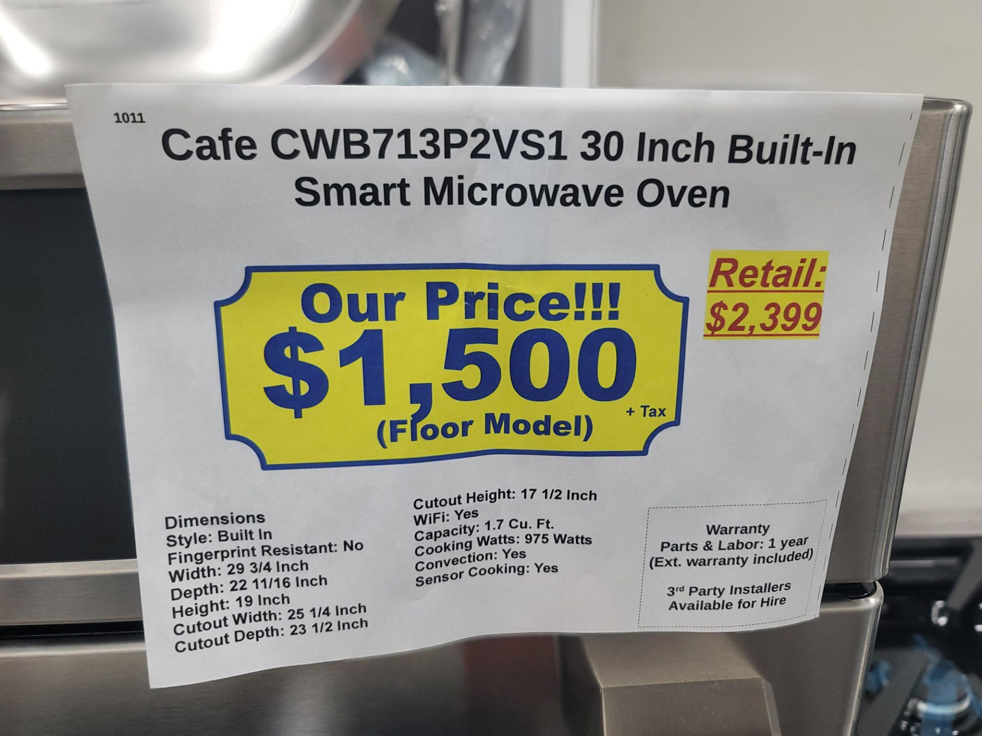CAFE 30" BUILT-IN SMART MICROWAVE OVEN W/ 1.7 CU. FT. CAPACITY IN STAINLESS STEEL, MODEL - Image 3 of 3