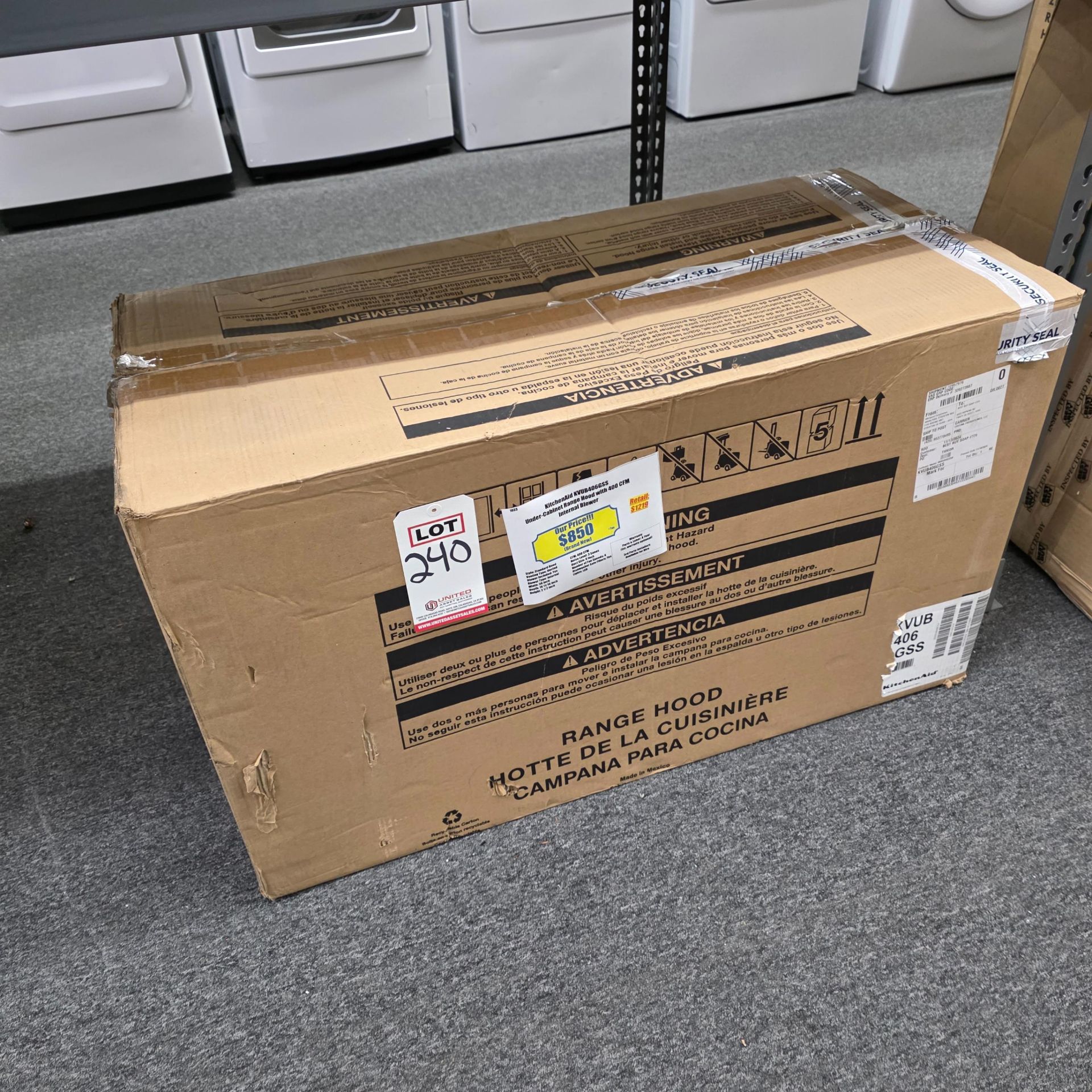 KITCHENAID 36" UNDER CABINET RANGE HOOD W/ 400 CFM INTERNAL BLOWER, MODEL KVUB406GSS, IN ORIGINAL