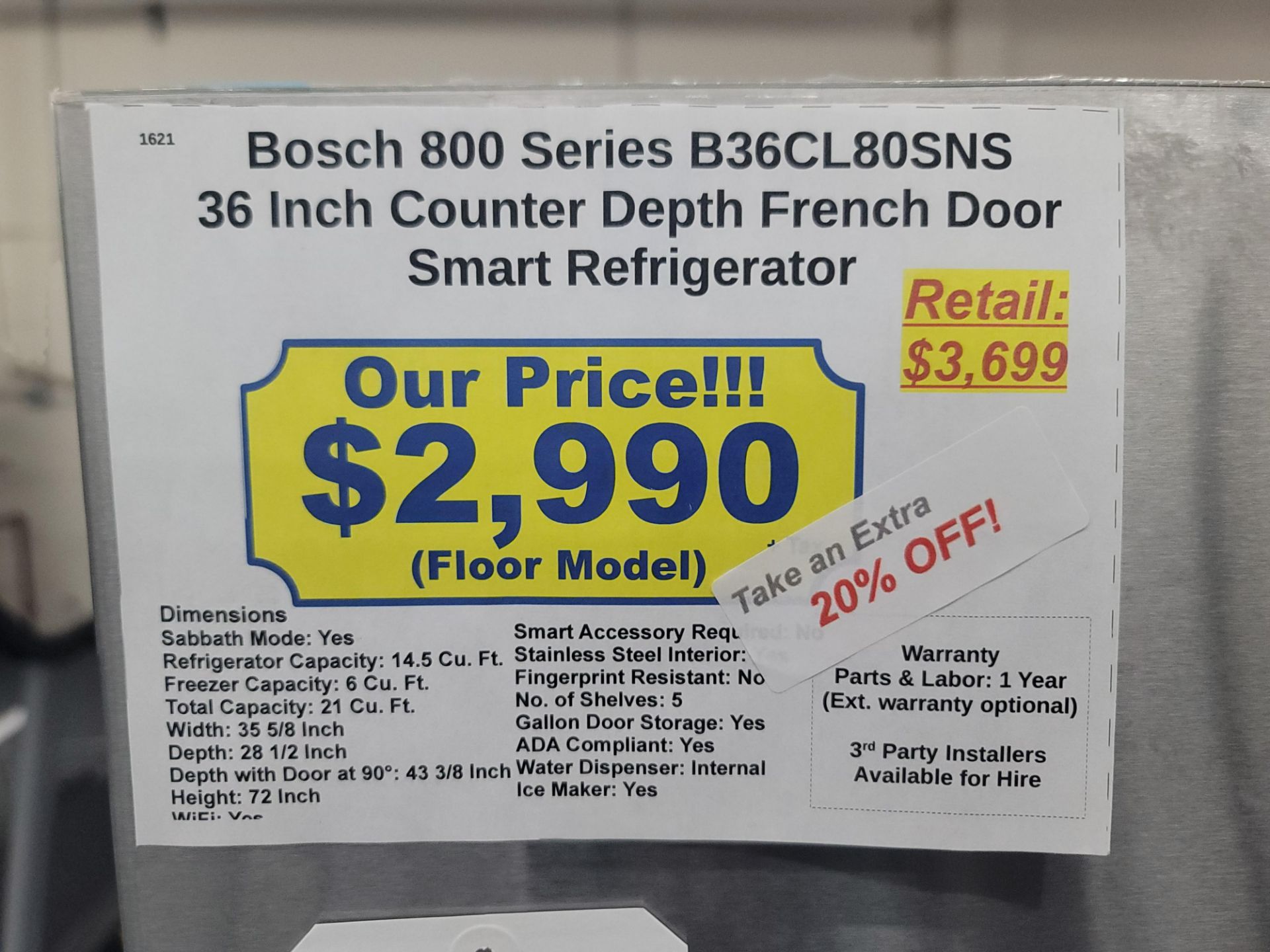 BOSCH 800 SERIES 36" COUNTER DEPTH FRENCH DOOR 14.5 CU. FT. REFRIGERATOR / 6.0 CU. FT. FREEZER / - Image 6 of 6