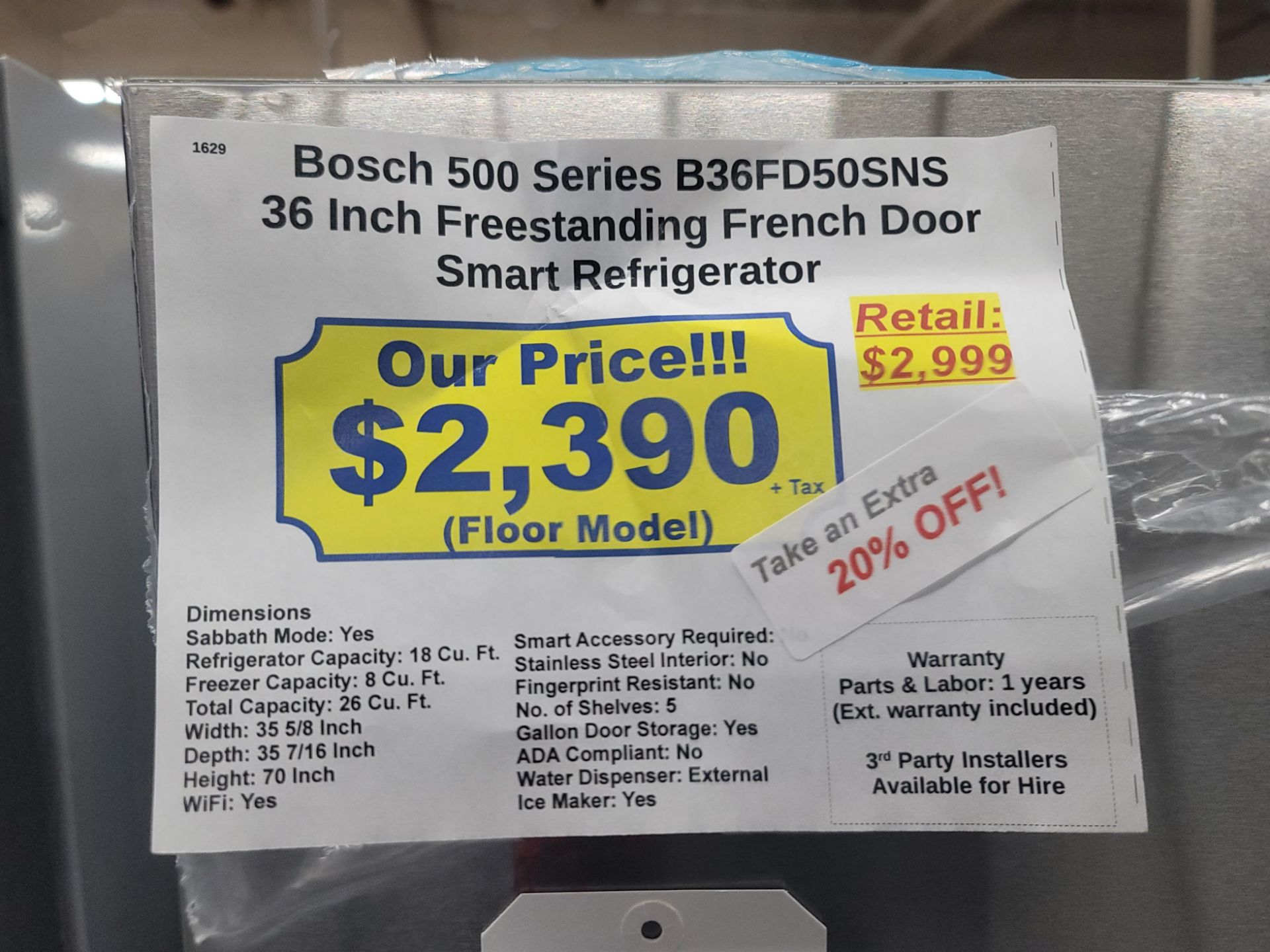 BOSCH 500 SERIES 36" SMART FREESTANDING FRENCH DOOR 18 CU. FT. REFRIGERATOR / 8 CU. FT. FREEZER / 26 - Image 4 of 4