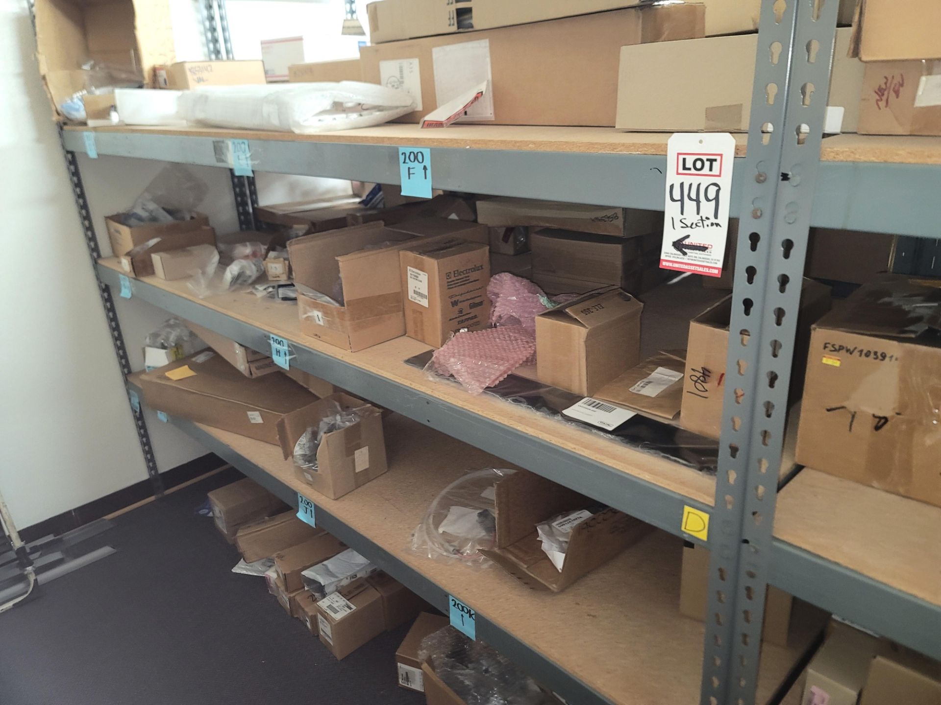 LOT - 8' SHELF UNIT W/ CONTENTS OF APPLIANCE REPLACEMENT PARTS