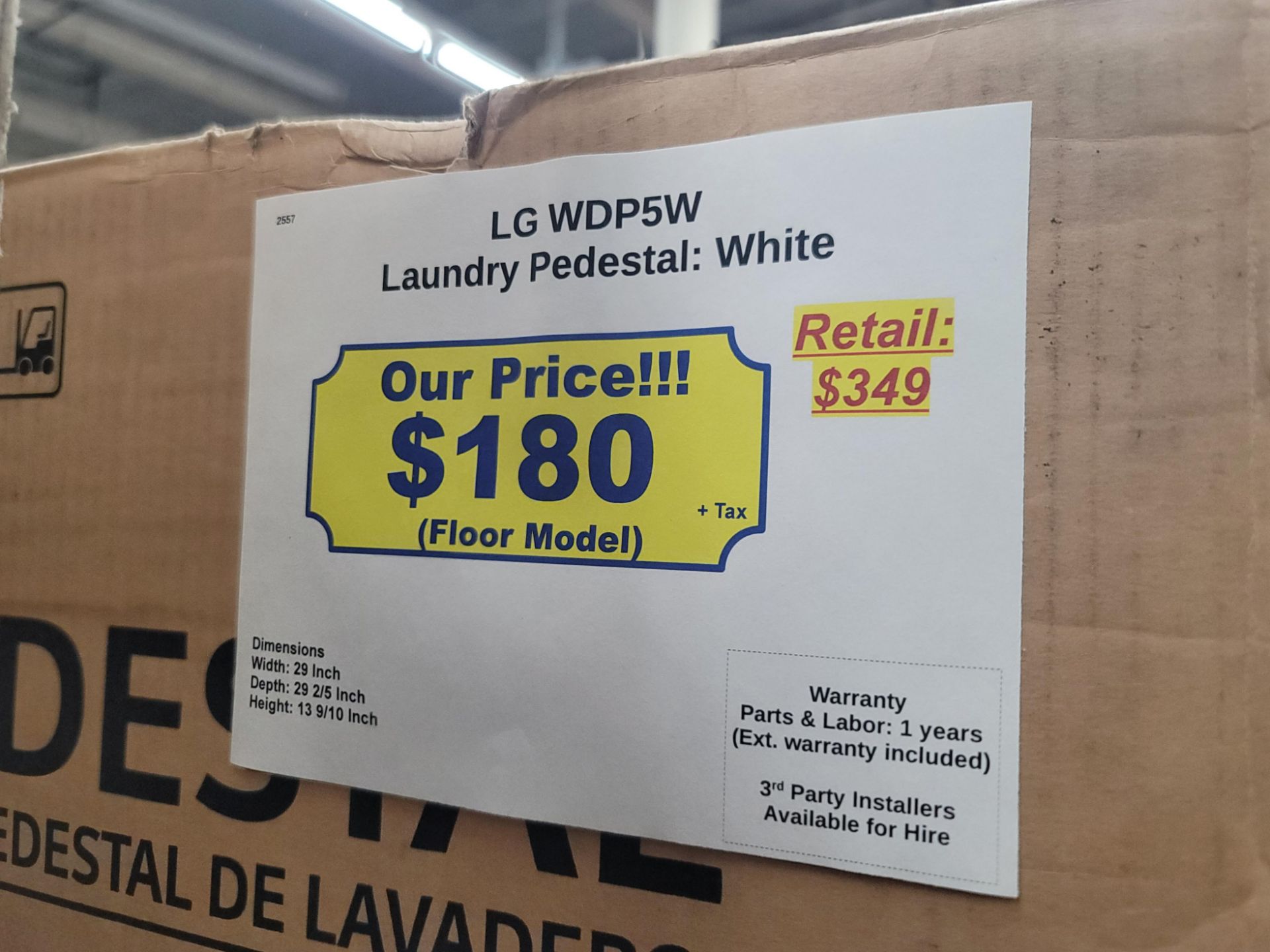 LG 29" LAUNDRY PEDESTAL W/ 13-9/10" HT, IN WHITE, MODEL WDP5W, IN ORIGINAL CARTON - Image 2 of 2