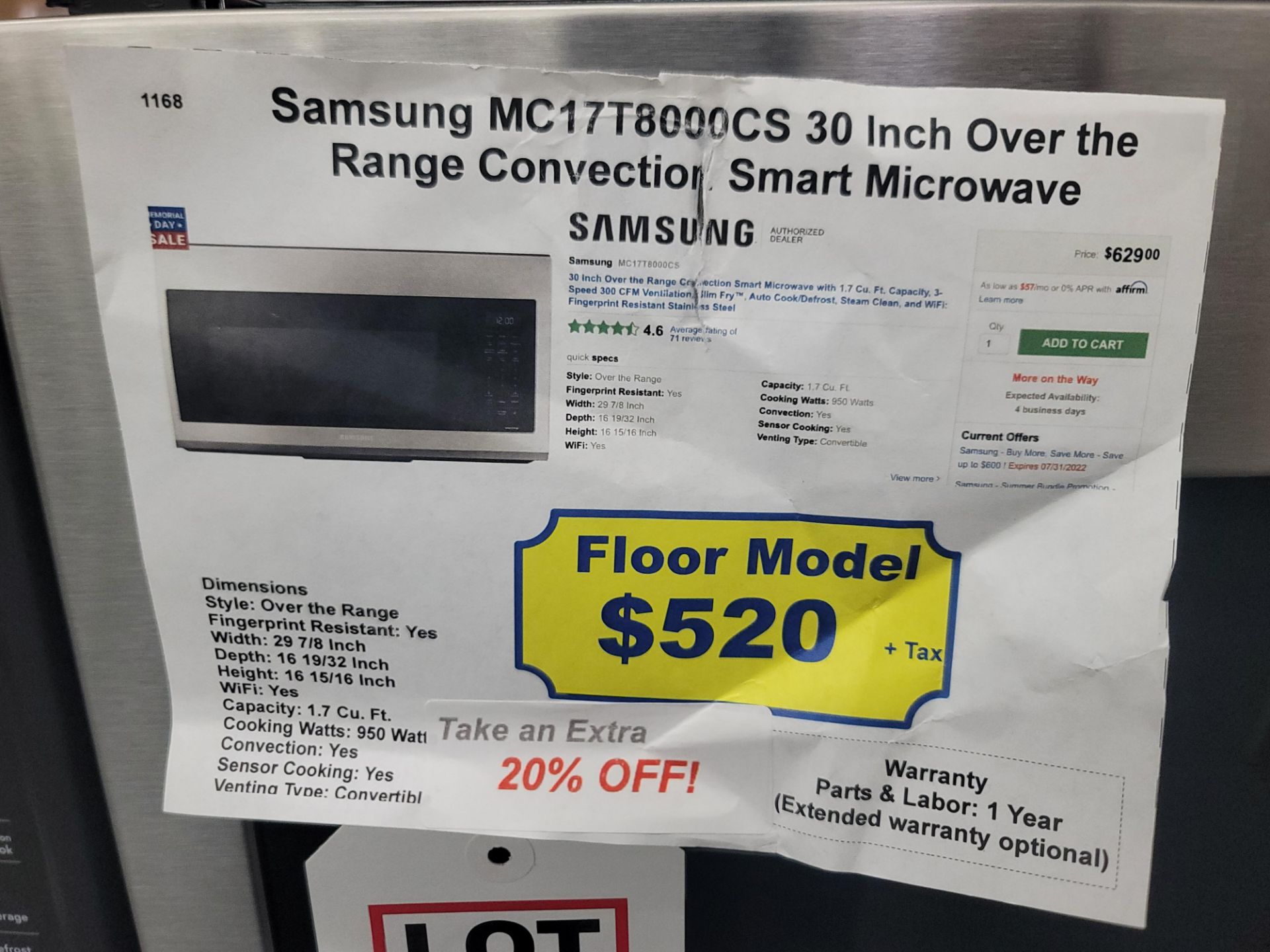 SAMSUNG 30" OVER-THE-RANGE CONVECTION SMART MICROWAVE OVEN IN STAINLESS STEEL, 1.7 CU. FT. CAPACITY, - Image 3 of 3