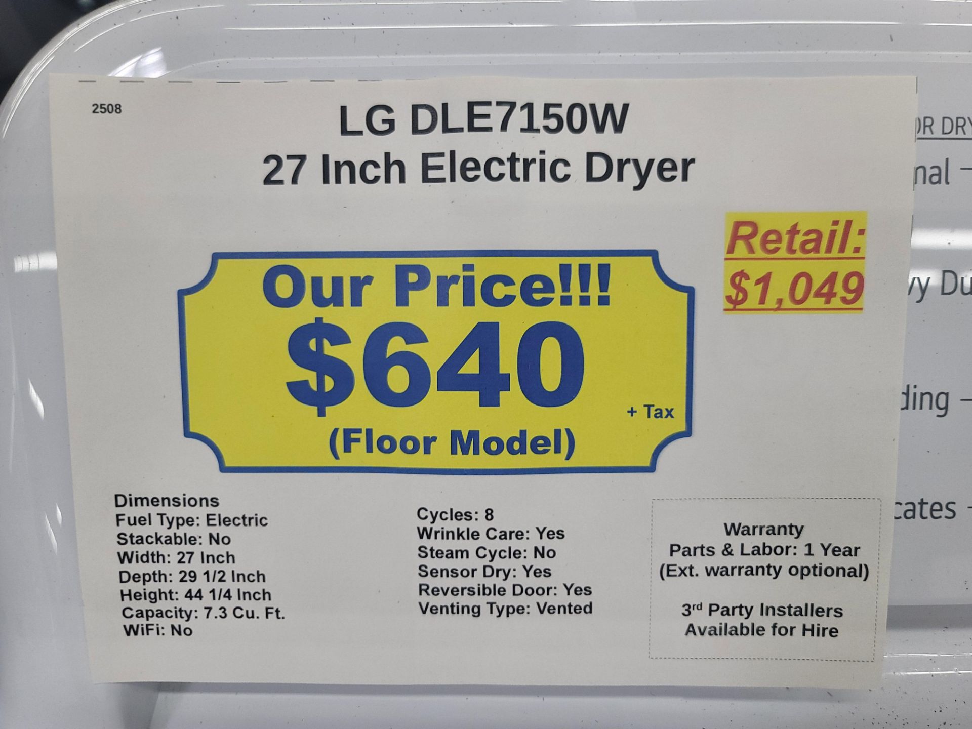 LG 27" ELECTRIC DRYER IN WHITE, 7.3 CU. FT. CAPACITY, MODEL DLE7150W - Image 3 of 3