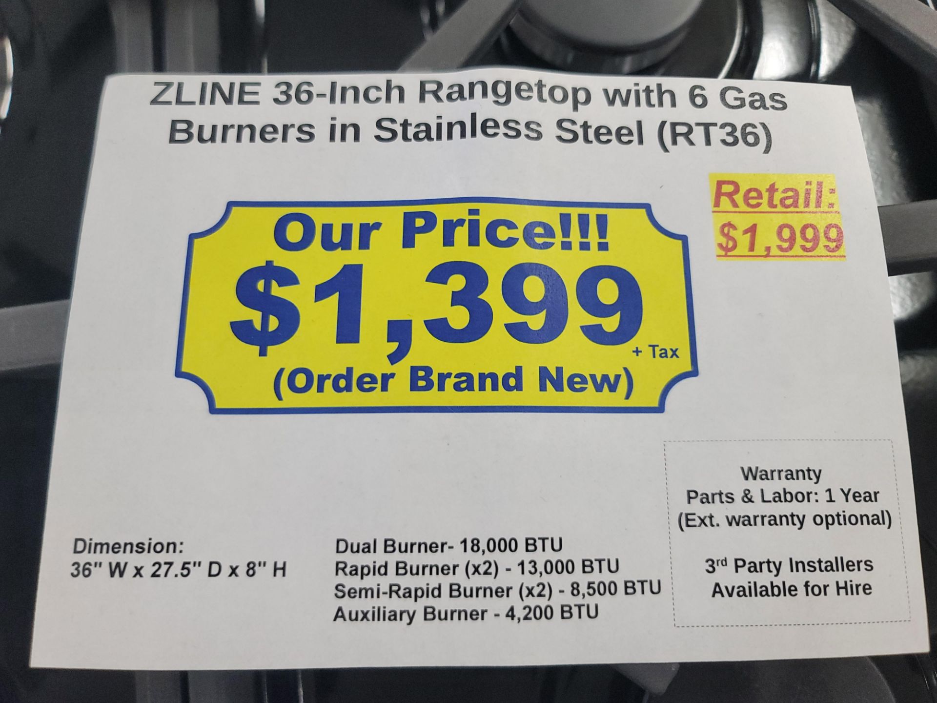 ZLINE 36" GAS RANGETOP W/ (6) BURNERS IN STAINLESS STEEL, MODEL RT36 - Image 5 of 5